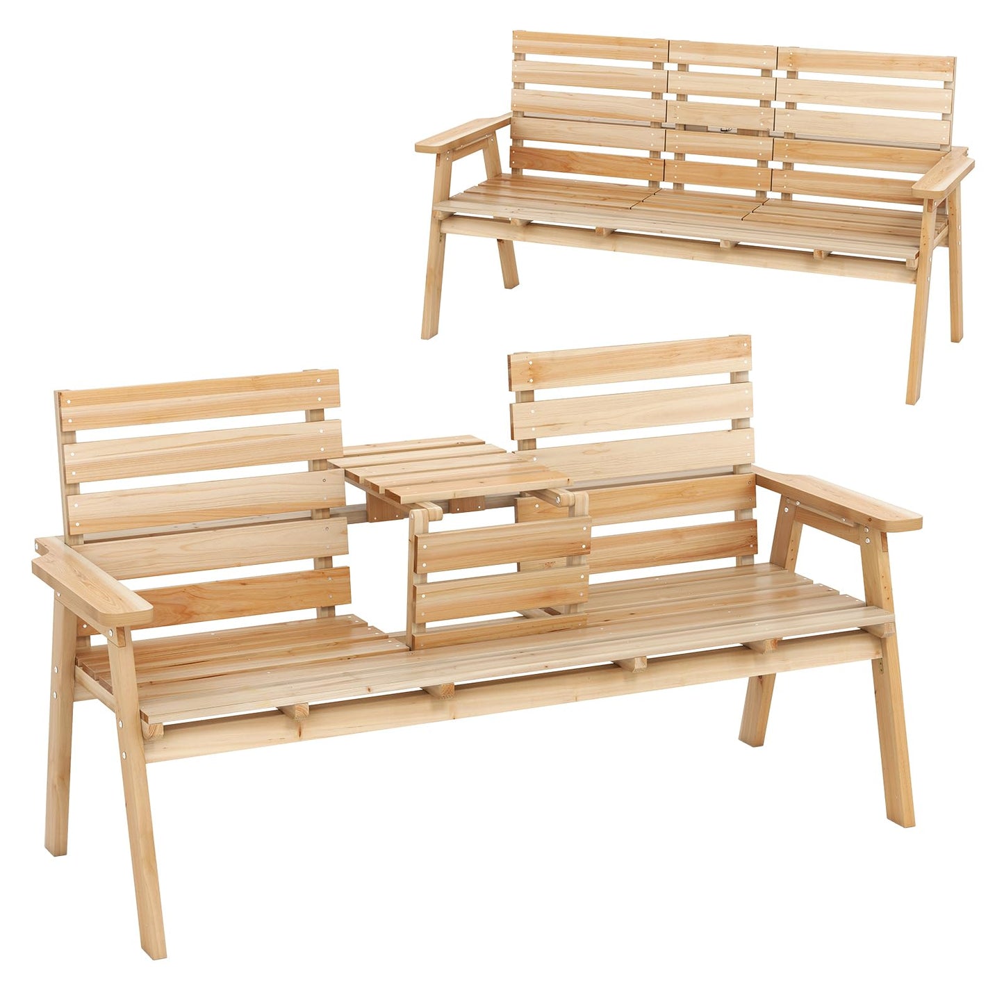 Tangkula Outdoor Fir Wood Bench with Foldable Middle Table, 2-3 Person Garden Bench with Backrest and Armrests, 710 lbs Weight Capacity, Slatted Seat Bench for Porch, Patio, Backyard