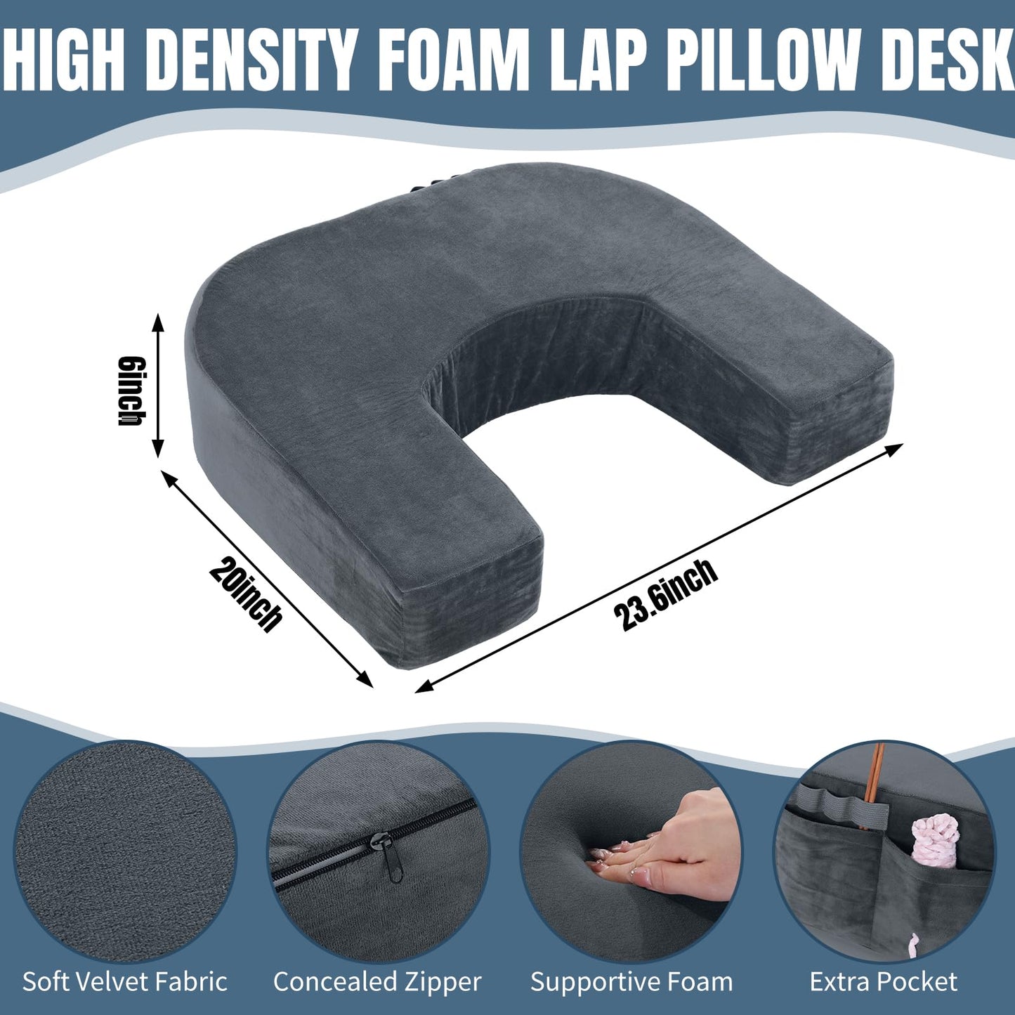 HOMBYS Extra Large Arm Rest Pillow for Adult Gaming,Lap Desk Pillow,Crochet Pillow for Lap Support,Foam Bed Rest Pillow for Reading (Dark Grey)