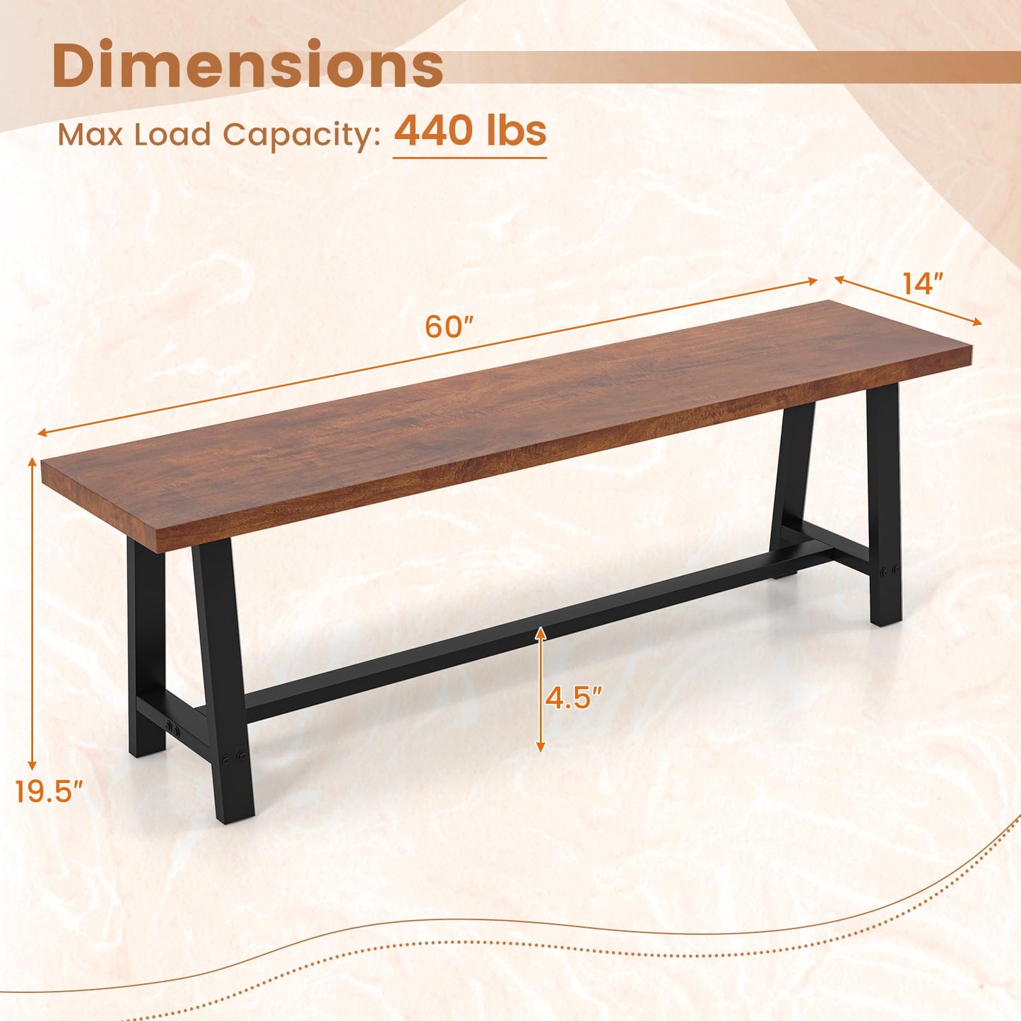 Giantex 60” Rectangular Wood Dining Bench, 3 Person Entryway Shoe Bench with Metal Frame, Farmhouse Indoor Benchs for End of Bed, Hallway, Living Room & Dining Room (60”L)