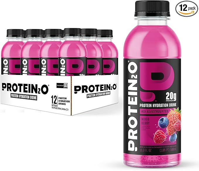 Protein2o Hydration Drink - 2-in-1 Liquid Clear Whey Protein Isolate and Electrolyte Drink - 20g Protein, Vitamins B5, B6 - Post-Workout Recovery - 16.9 Fl Oz - 12 Count Mixed Berry