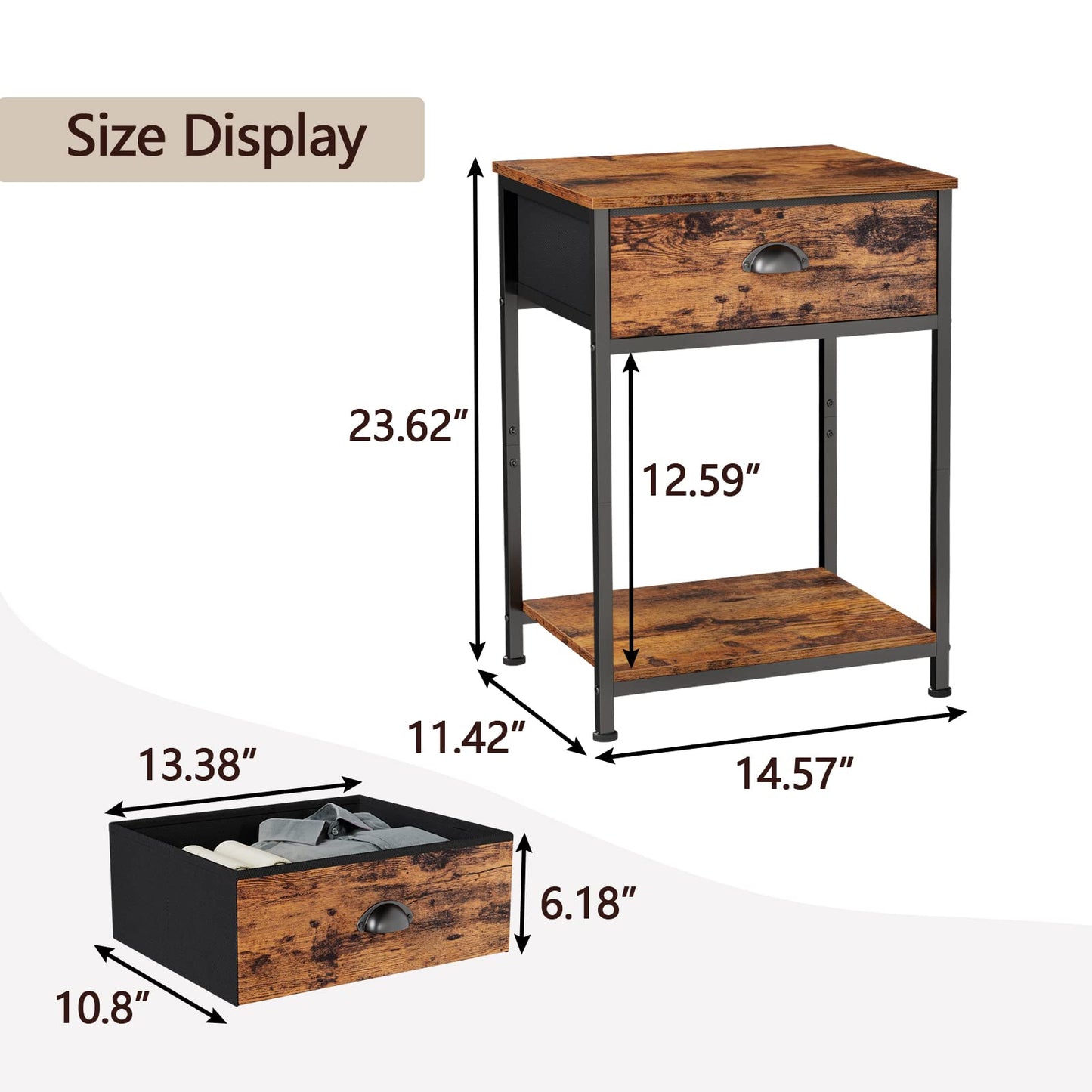Furologee End Table with Storage Shelf and Fabric Drawer, 2 Tiers Industrial Nightstand, Bedside Table Organizer for Living Room Bedroom, Rustic Brown, Easy Assembly