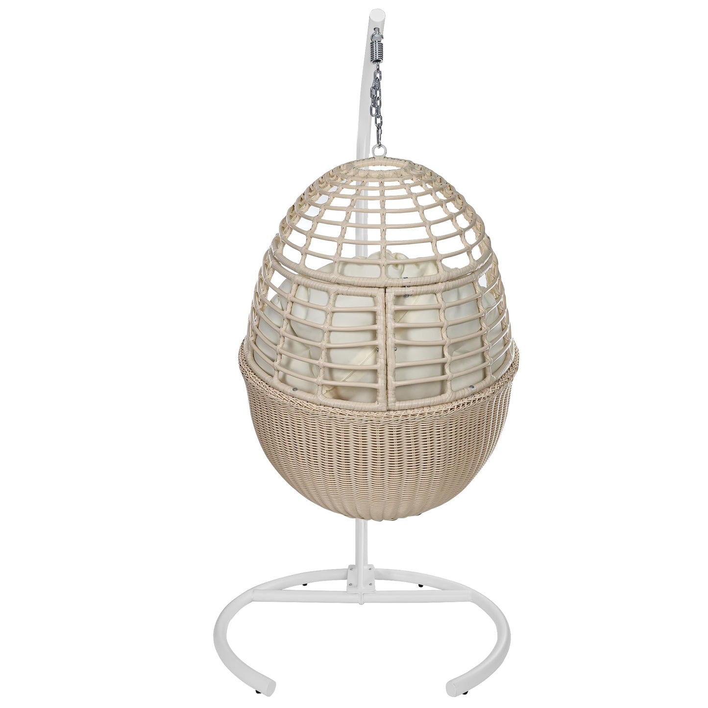 TWT Egg Swing Chair with Stand Hanging Egg Chair Outdoor - Rattan Wicker Patio Hanging Basket Chair Hammock Chair with Metal Frame and UV Resistant Cushion for Indoor Bedroom Balcony (Beige)