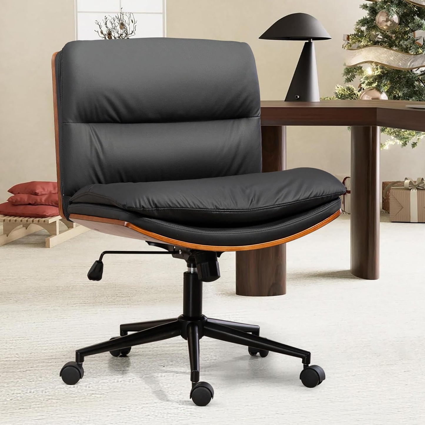 LONWIK Armless Modern Walnut Office Desk Chair with Wheels, PU Leather Adjustable Wide Swivel Task Chair, Ergonomic Cross Legged Computer Chair for Conference Room, Home Office (Black)