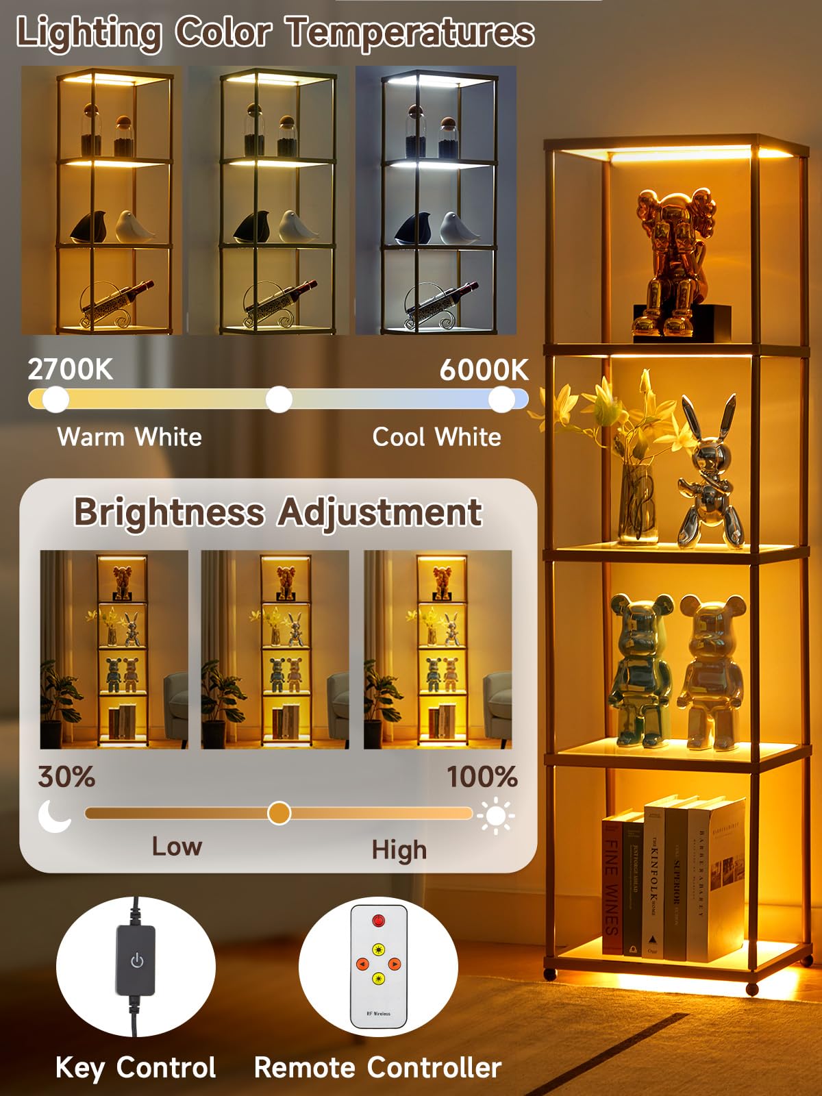 MANBUR Display Shelf with Dimmable LED Floor Lamp, Display Cabinet with Glass Bookcase, Home Decor, Bedroom Decor, Bookshelf with Light, Open Book Shelf with 5-Tier Shelf for Living Room Decor Gold