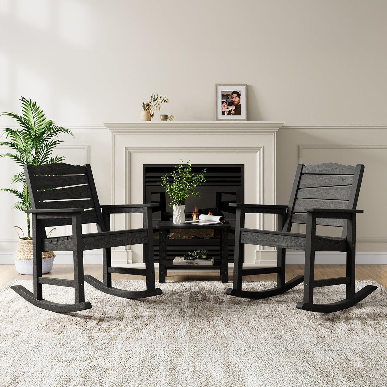 LAHAAP Patio Rocking Chairs Set of 2, Weatherproof HIPS Outdoor Rocking Chair for Adults, 400LBS Support Heavy Duty Porch Rocking Chairs for Garden, Lawn, Backyard, Outdoor and Indoor (Black)