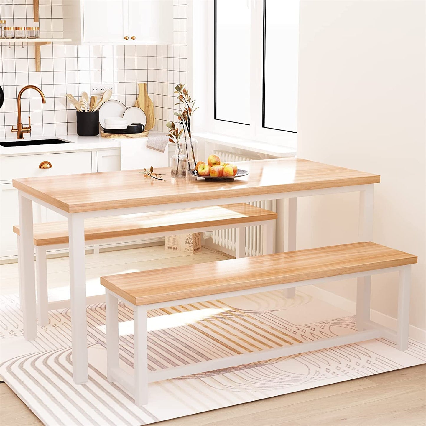 LinkRomat Dining Room Table Set with 2 Benches, Farmhouse Dining Table Set for 4, Wood Breakfast Dinner Table Set for Breakfast Nook Small Spaces, Beige