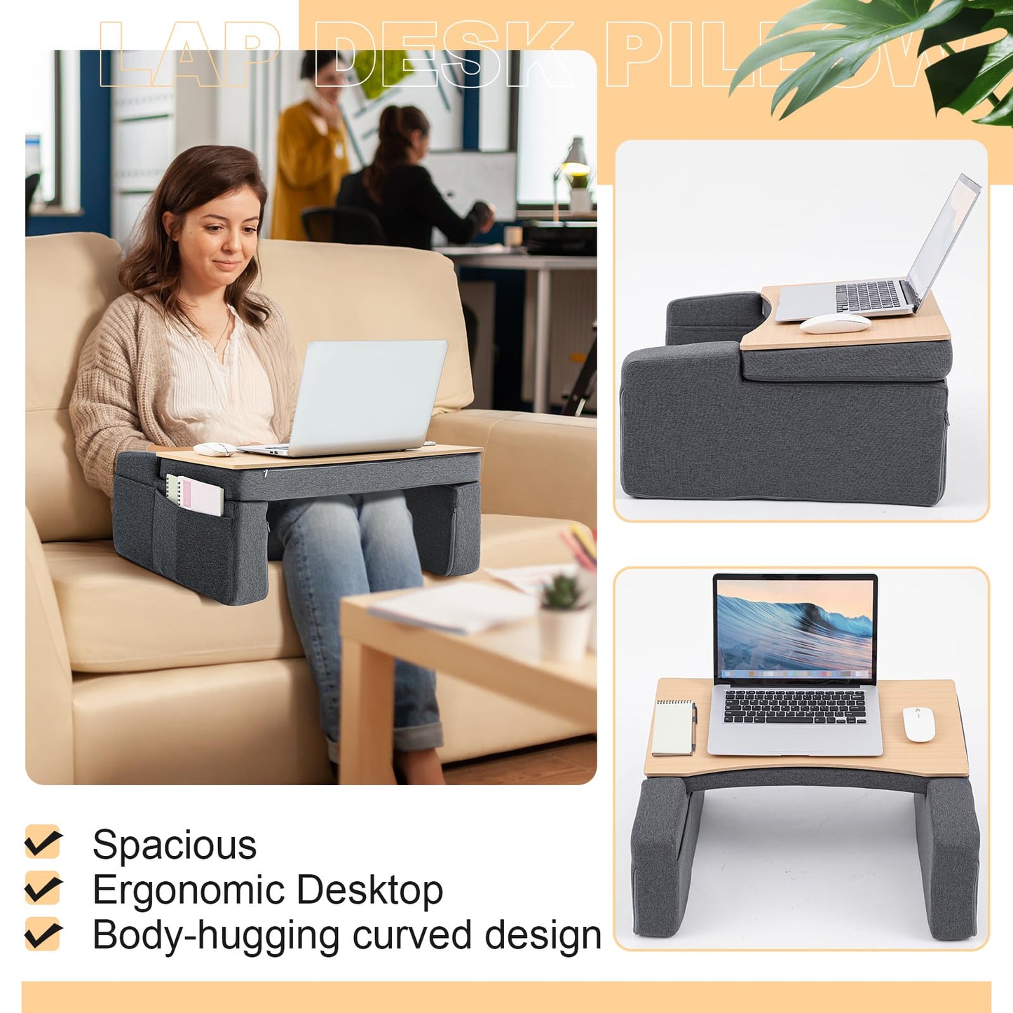 Cinnvoice 2-in-1 Lap Desk for Laptop with Cushion Lap Laptop Desk Pillow with Armrests Detachable Design, Reading Pillow with Sturdy Wooden Surface, Working in Couch Bed for Adults Book Lovers