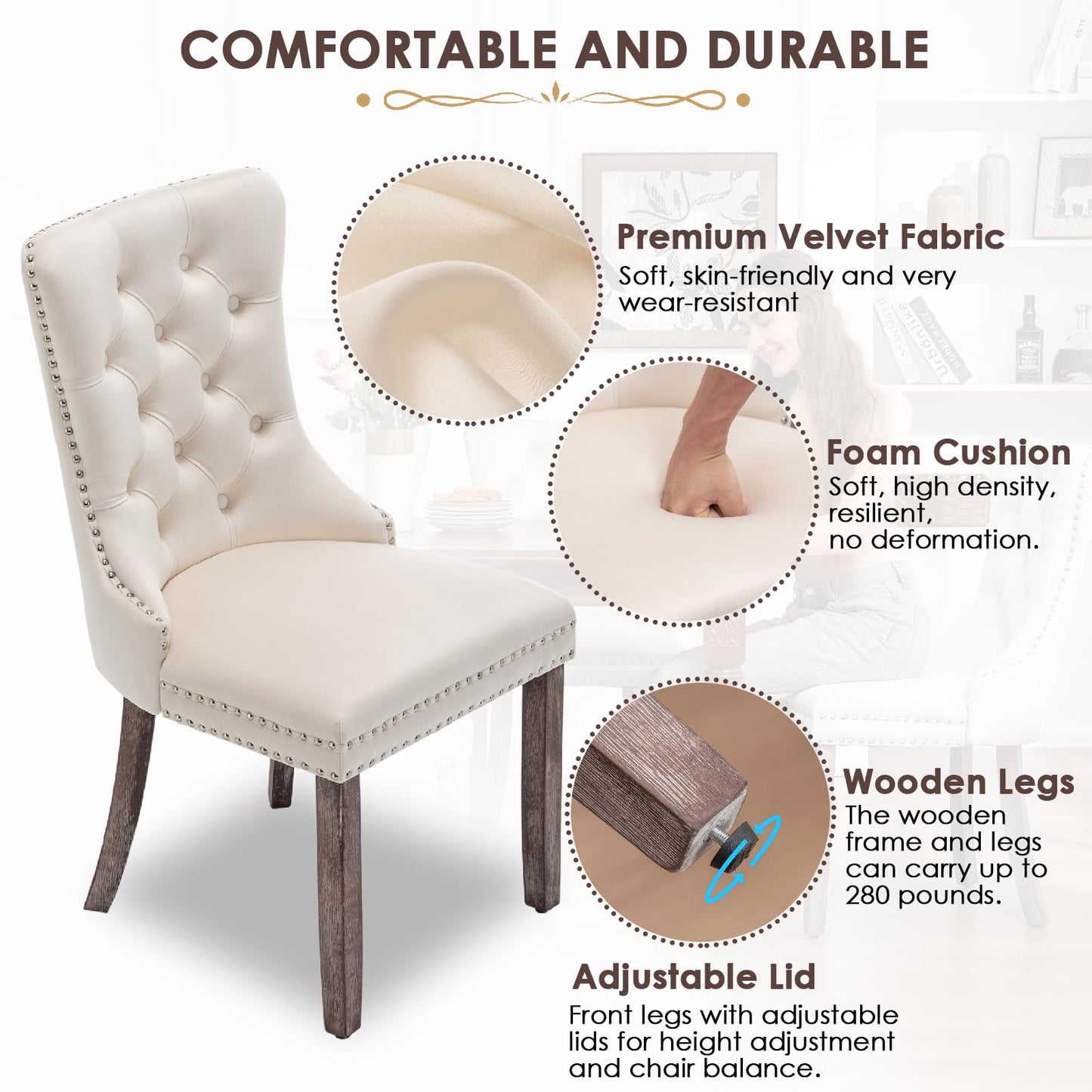 Kiztir Velvet Dining Chairs Set of 4, Upholstered Dining Room Chairs with Ring Pull Trim and Button Back, Luxury Tufted Dining Chair for Living Room, Bedroom, Kitchen (Beige)