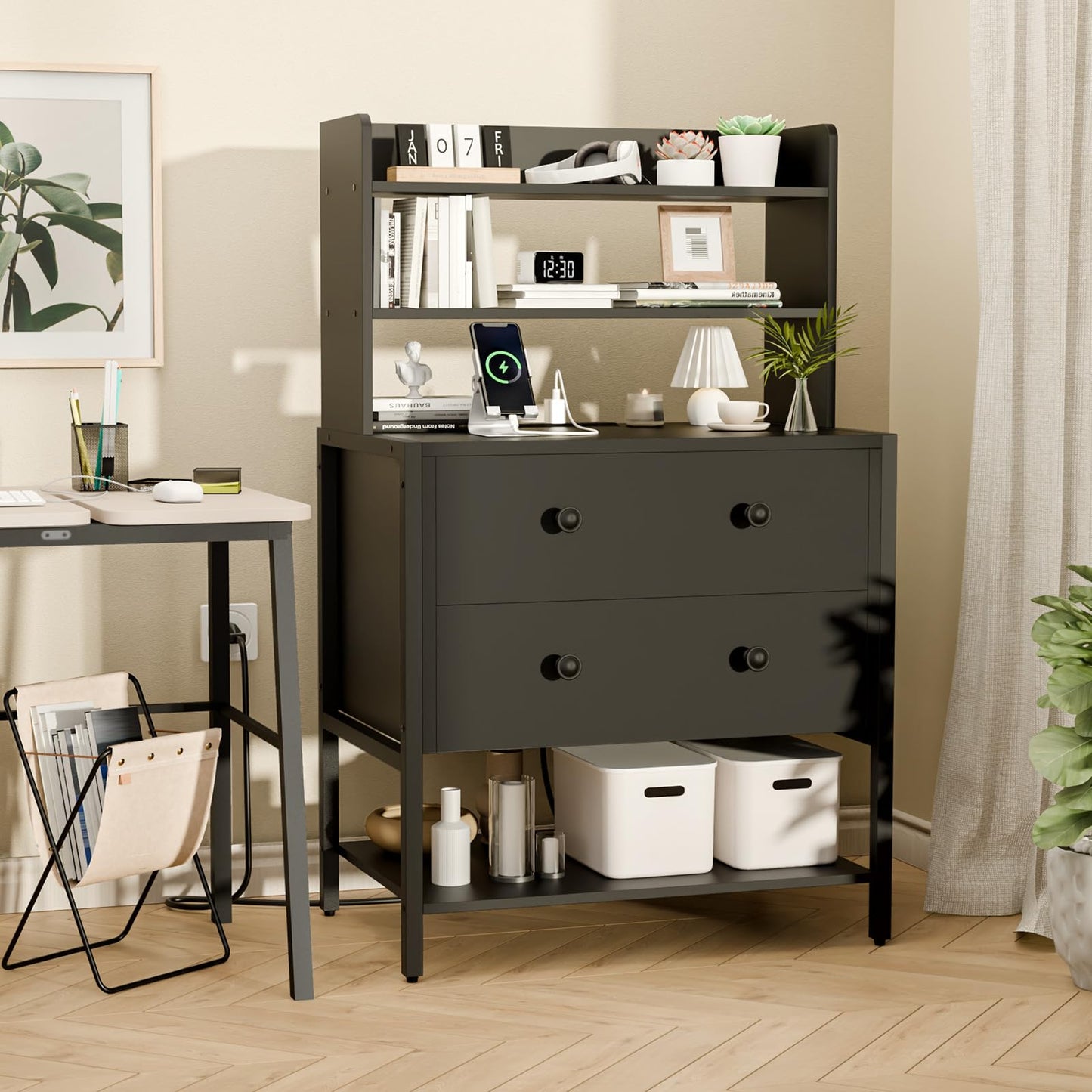 PATAVOT 24 Inch Wide Night Stand, Large Wooden Night Stand with 2 Adjustable Drawes, Tall Nightstand with 4-Tier Shelves and Charging Station, Bedside Table for Living Room/Bedroom/Office, Black.