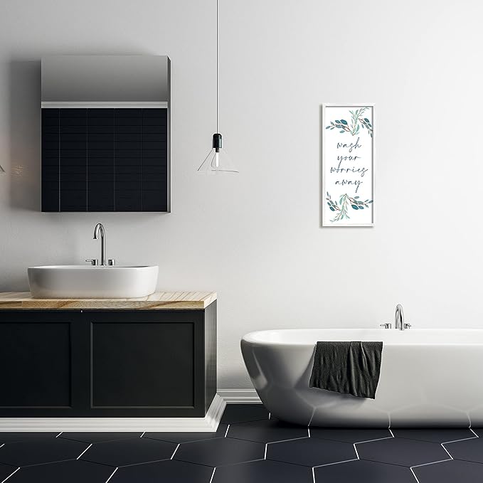 Stupell Industries Wash Your Worries Away Bathroom Phrase Blue Plants, Designed by Kim Allen White Framed Wall Art, 10 x 24