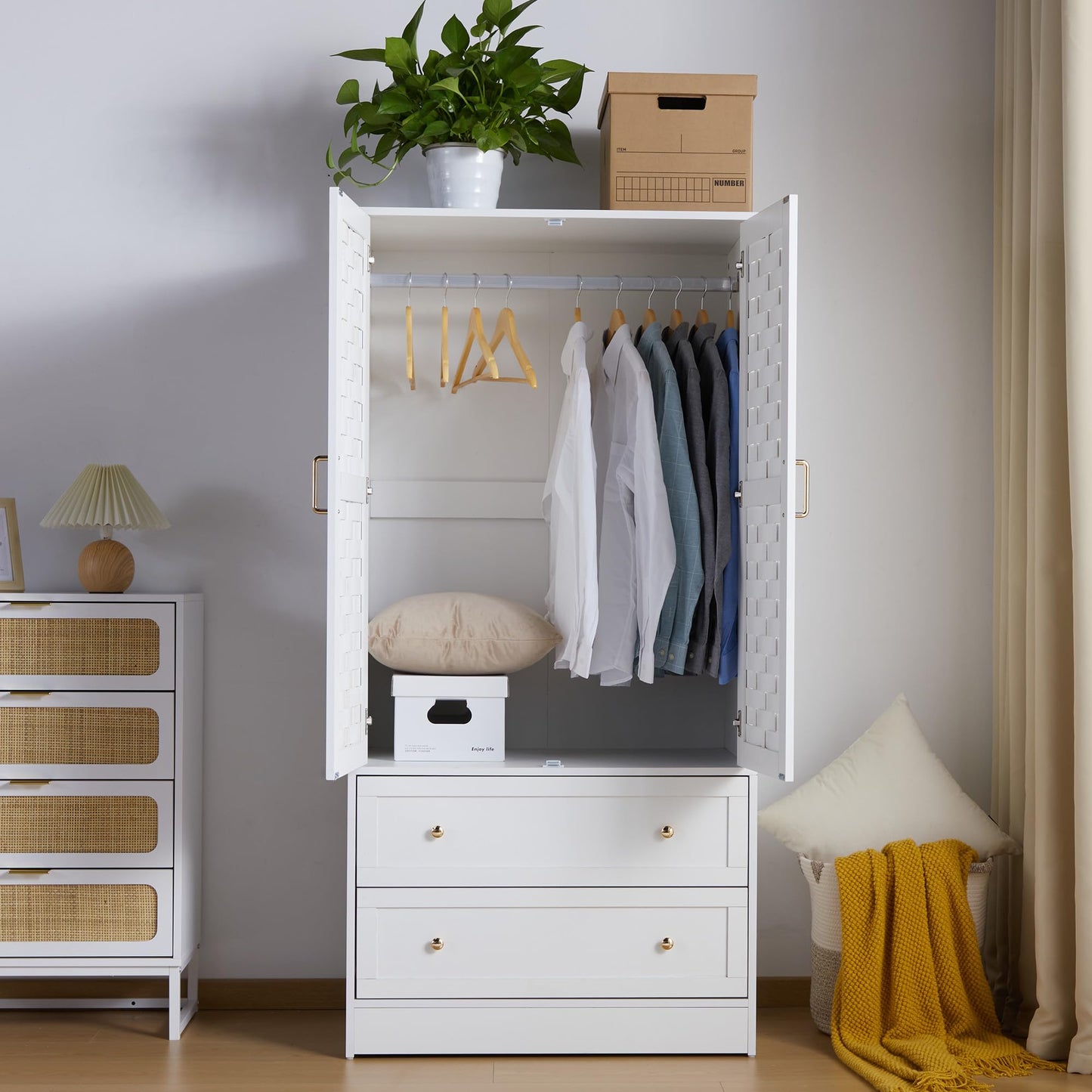 LEVNARY Armoire Wardrobe Closet with 2 Woven Doors, Wardrobe Cabinet with 2 Storage Drawers and Hanging Rail, Freestanding Wooden Closet for Bedroom (White)