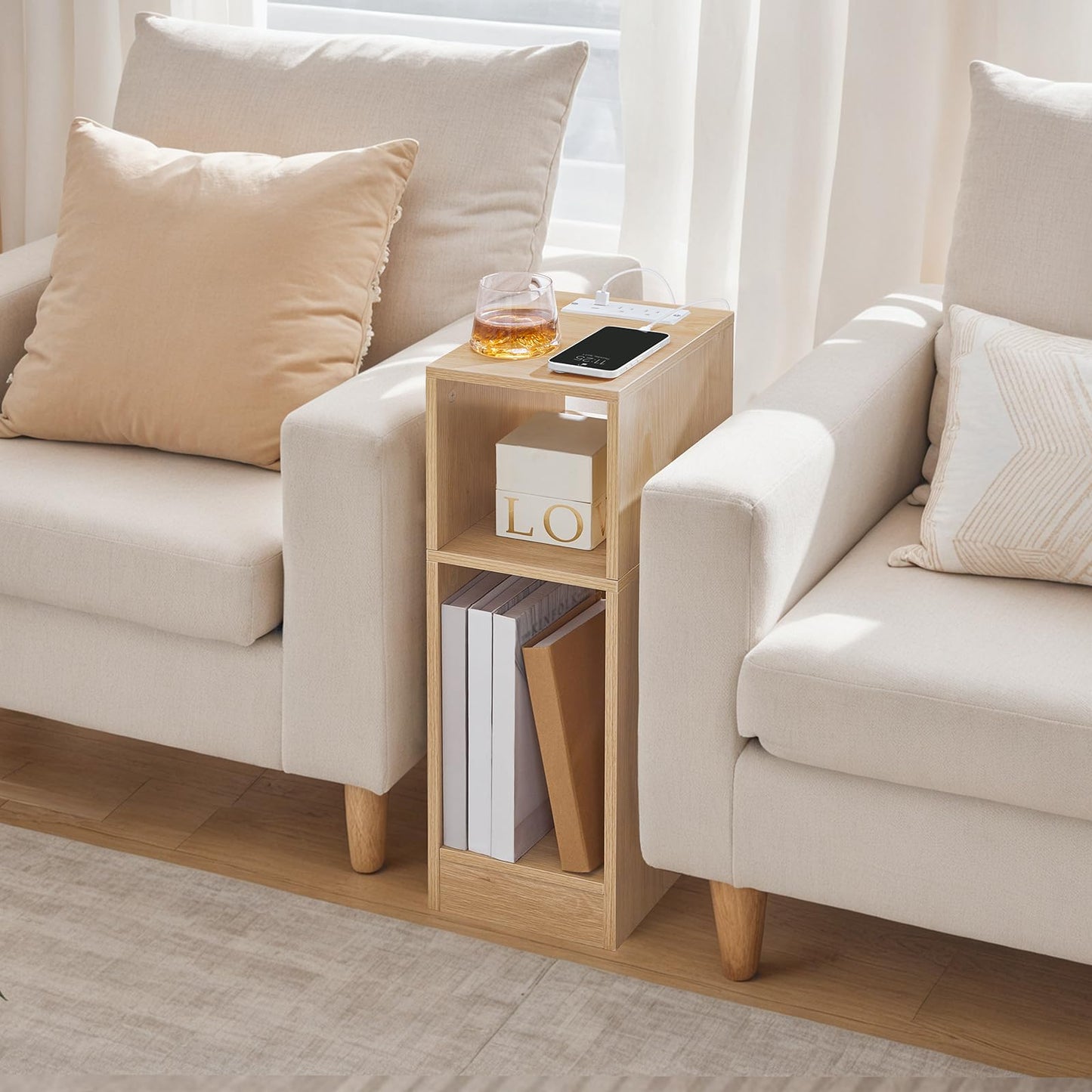MAHANCRIS Narrow Nightstand, Slim End Table with Charging Station and LED Sensor Light, Modern Side Table, Bedside Table, for Small Spaces, Living Room, Bedroom, Natural ETNA25E01