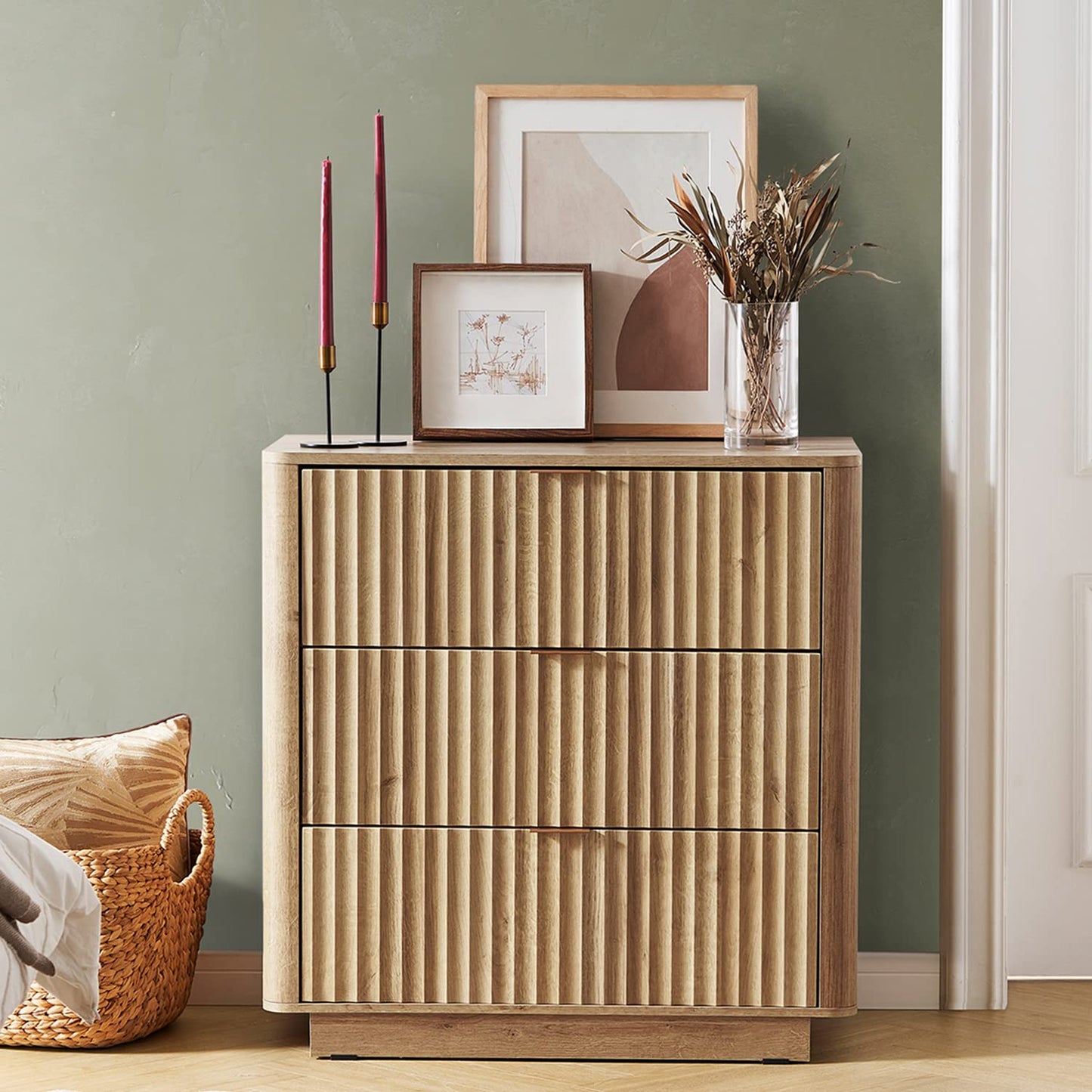 mopio Brooklyn 3 Drawer Dresser for Bedroom, Mid Century Modern Chest of Drawers, Wood Tall Nightstand, Waveform Fluted Side Table, Enhanced Safety, ASTM F2057-23 Sturdy Compliant (Oak)