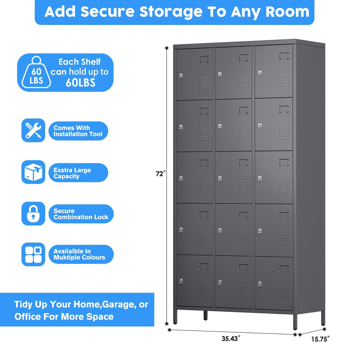 SUPEER 15 Doors Metal Lockers for Employees with Lock,Metal Locker with Card Holder for School Garage Office Gym Bedroom,Assembly Required,15 Door Dark Grey