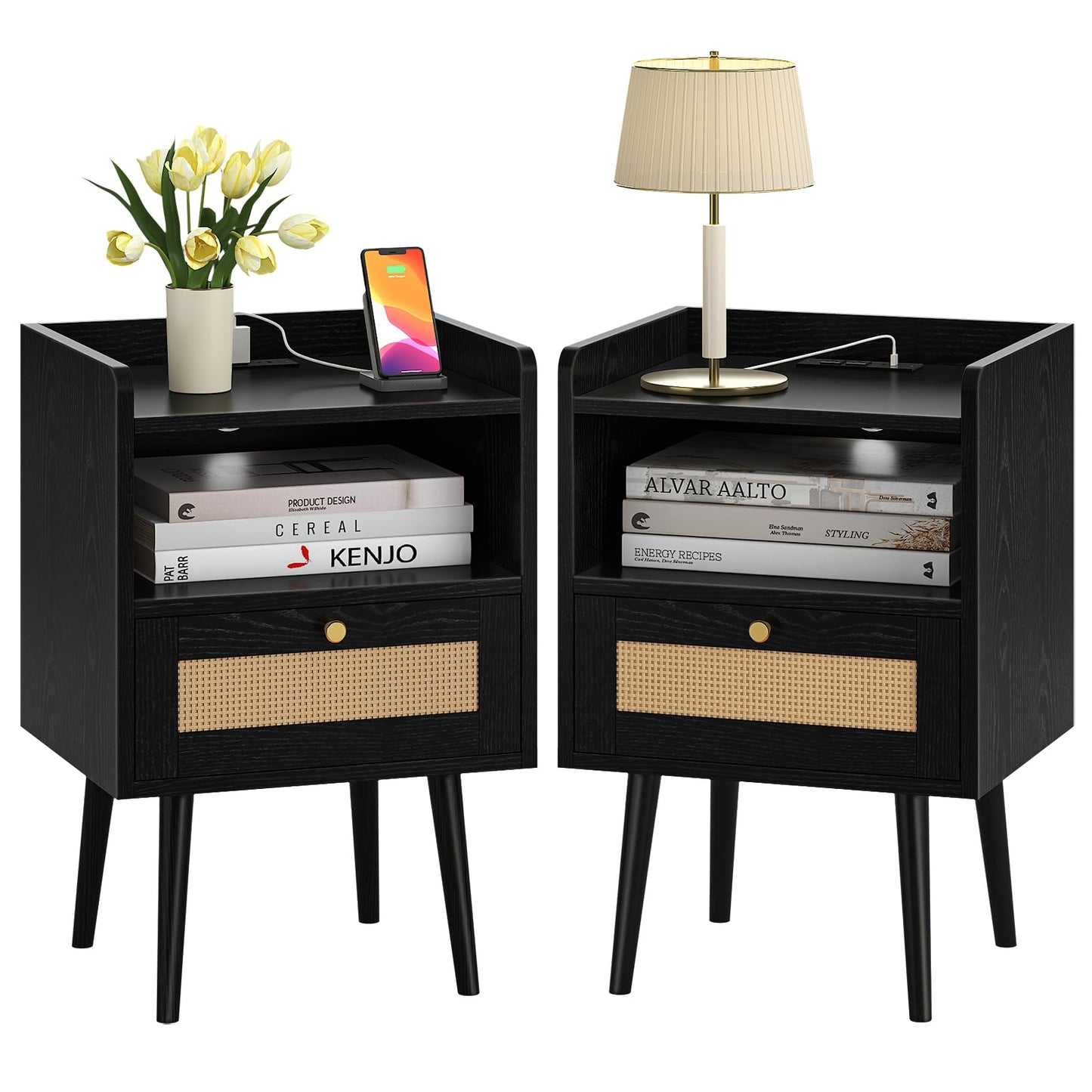 Night stand Set of 2, Bedside Tables with Charging Station, Rattan End Tables, Bed Side Tables, Wood Nightstands set of 2 for Farmhouse Kids' Room Bedroom Living Room Dorm Sofa Office Corner(Black)