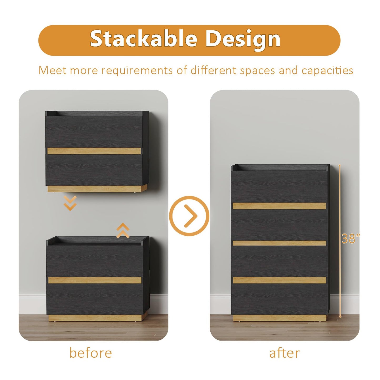 DAELIFKER Large Modern Nightstand Black Bedside Table, 2 Drawer Dresser Wood Stackable Storage Drawers for Clothes for Closet, Bedroom, 24"x16"x20"
