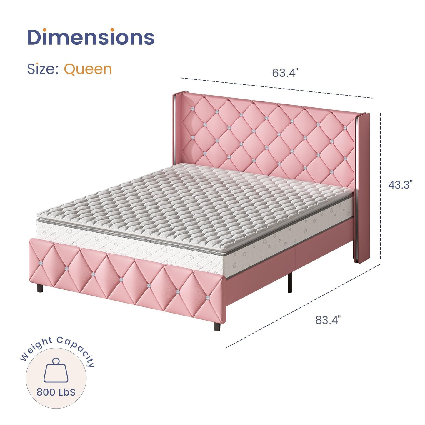 Bed Frame Queen Size with Headboard, Velvet Upholstered Bed with Diamond Tufted Design, Modern Queen Bed Frame, No Box Spring Required, Easy Assembly, Pink