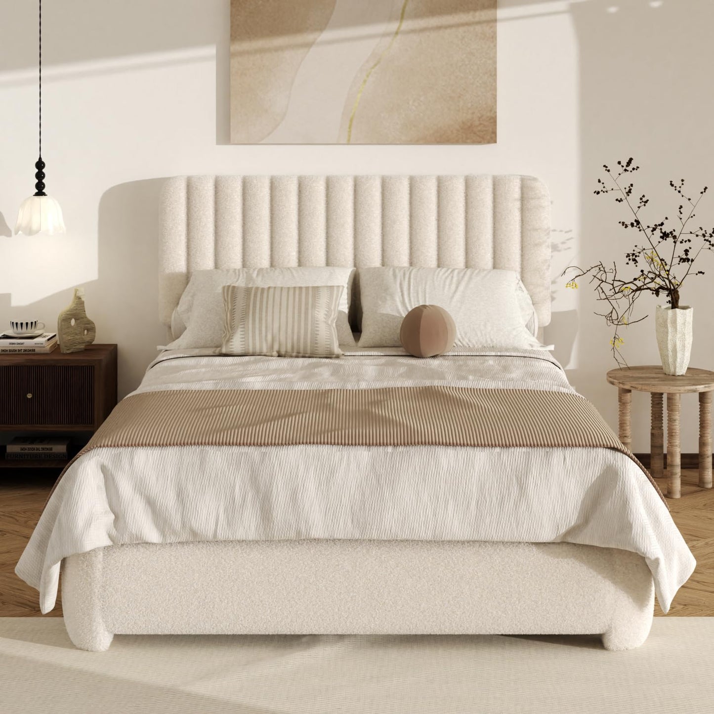 Konprosp Queen Boucle Bed Frame, Upholstered Cloud Platform Bed Frame with Adjustable Headboard, Vertical Tufted, Soft Rounded Corners, Beige