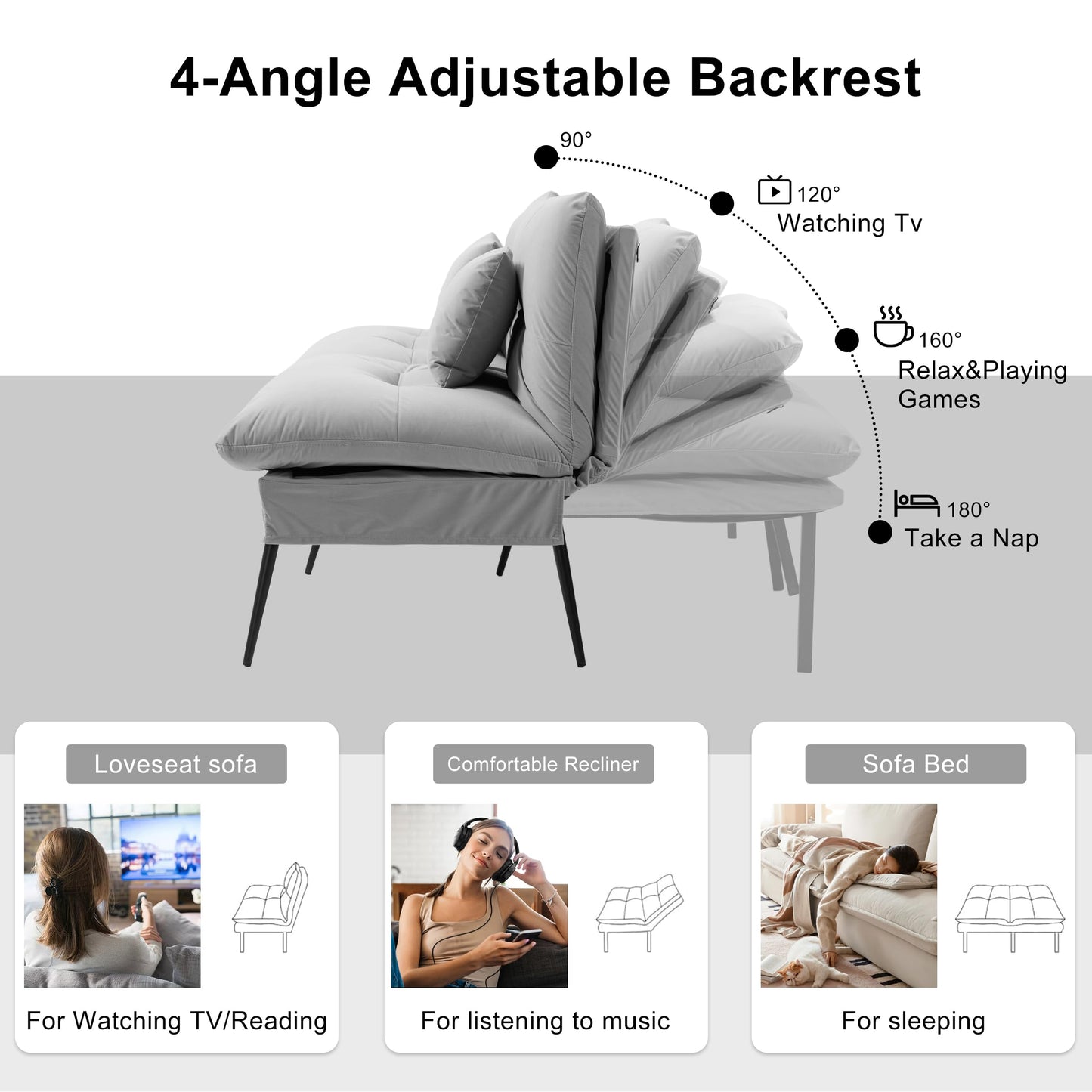 BRTHORY 3 in 1 Convertible Sofa Bed, Multi-Functional Futon Couch with Adjustable Backrest, Fabric Couch Sleeper Guest Bed for Loveseat Recliner Living Room,Light Grey