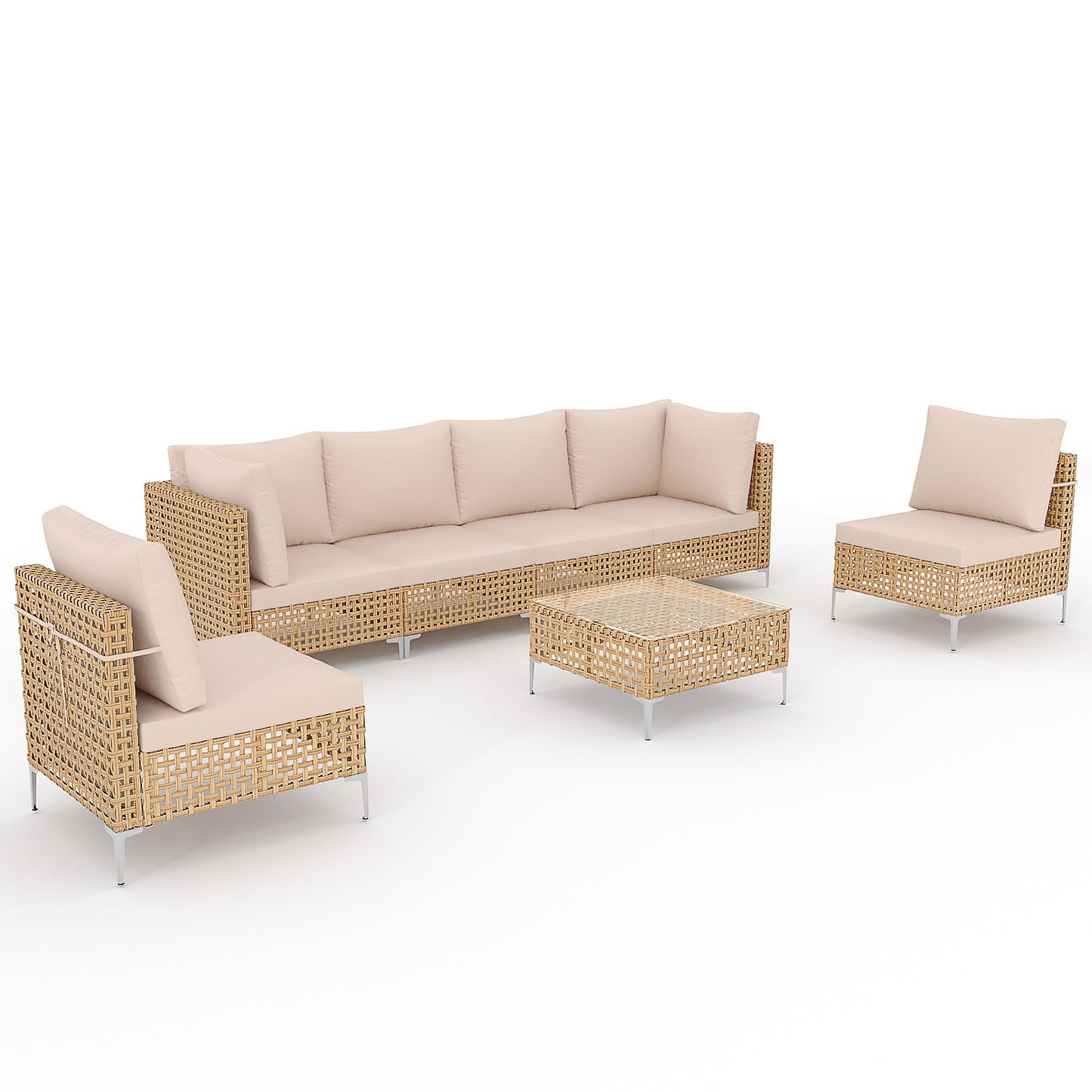 JHSDFOUIH 7-Piece Patio Furniture Set, Outdoor Sectional Sofa with Coffee Table & Thick Cushions, All-Weather PE Wicker Conversation Set for Garden, Deck, Backyard, Beige