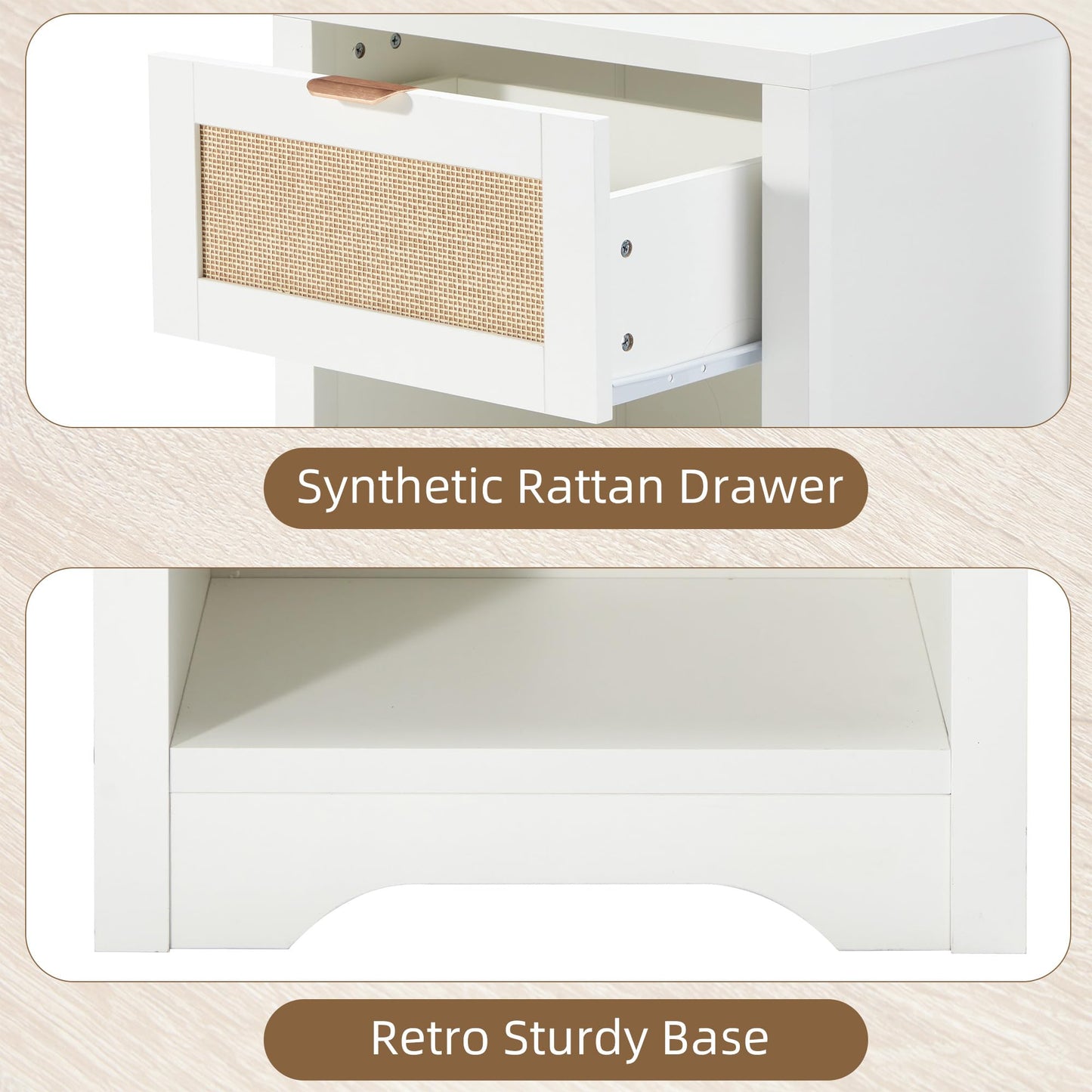 HOMREST Night Stand Set of 2,Modern Farmhouse Nightstands with Drawer & Open Storage Shelf, Wood Rattan Bedside Table with Metal Handle & Sturdy FrameTable for Bedroom, Living Room （White）