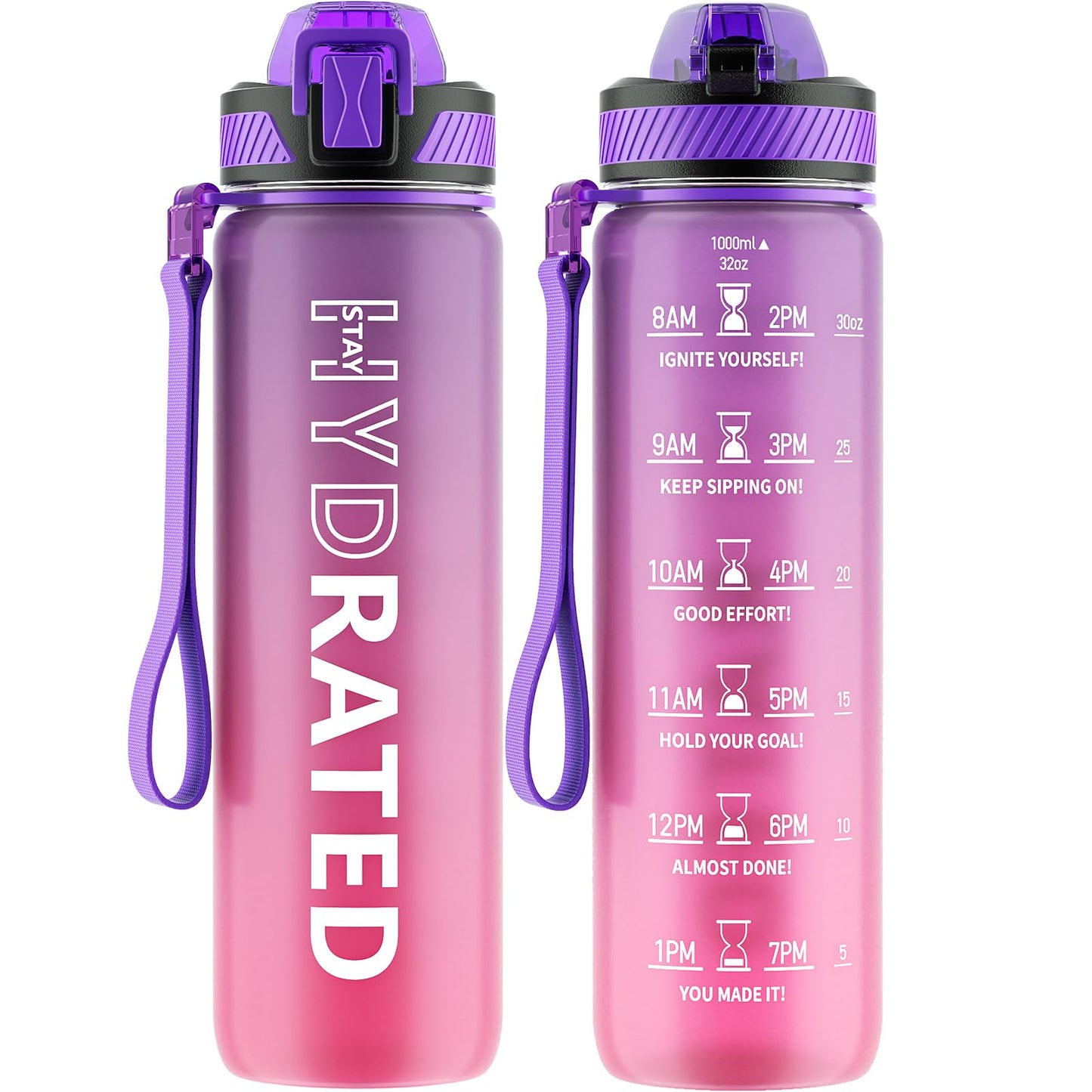 QLUR Water Bottle with Straw, 32 oz Motivational Water Bottles with Time Marker to Drink, Tritan BPA Free, 1L Sports Water Bottle with Carry Strap LeakProof for Women Gym Fitness Outdoor (1 Pack)