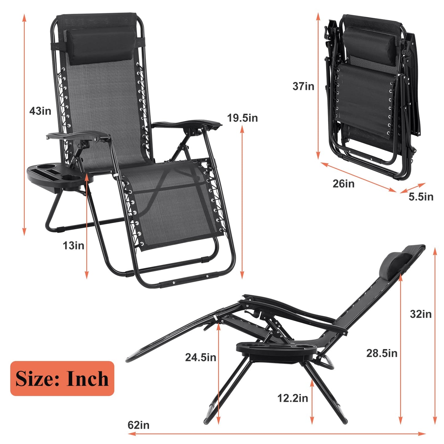 Pazidom Zero Gravity Chair Set of 2, Folding Lounge Chair Adjustable Reclining Chair Camping Lawn Chair w/Pillow and Cup Holder Tray, Folding Chair Outdoor Chair - Comfortable & Breathable, Black