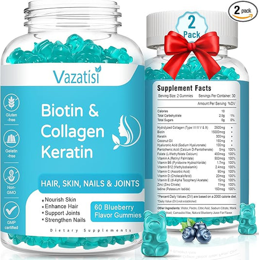 2 Pack Biotin Gummies with Collagen & Keratin for Hair Skin Nails- Women Men, Kids - 120 Blueberry Flavored Gummies