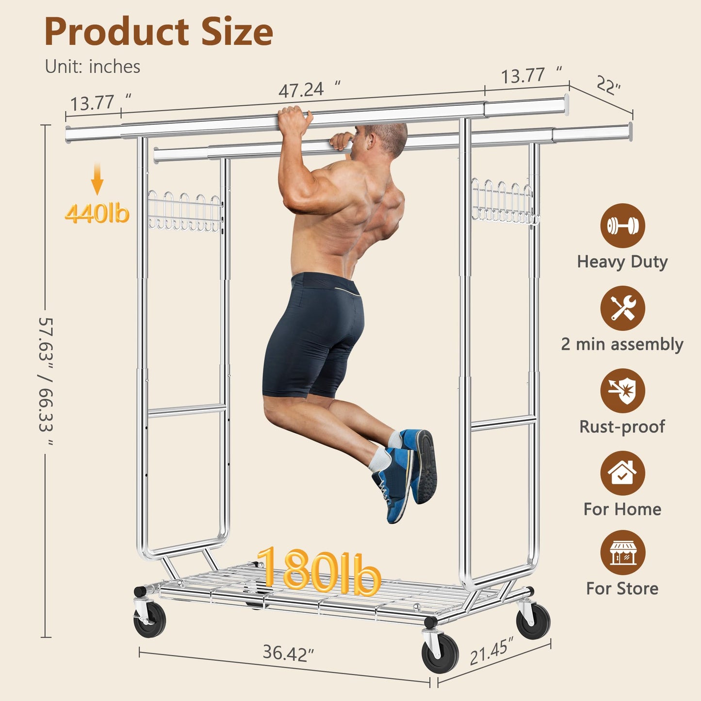 Hoctieon 2-Minute Assembly Double Rod Clothes Rack, Heavy Duty Rolling Clothing Racks with Wheels, Foldable Commercial Garment Rack, Extendable Hanging Bar, Adjustable Metal Pole with Hooks, Chrome