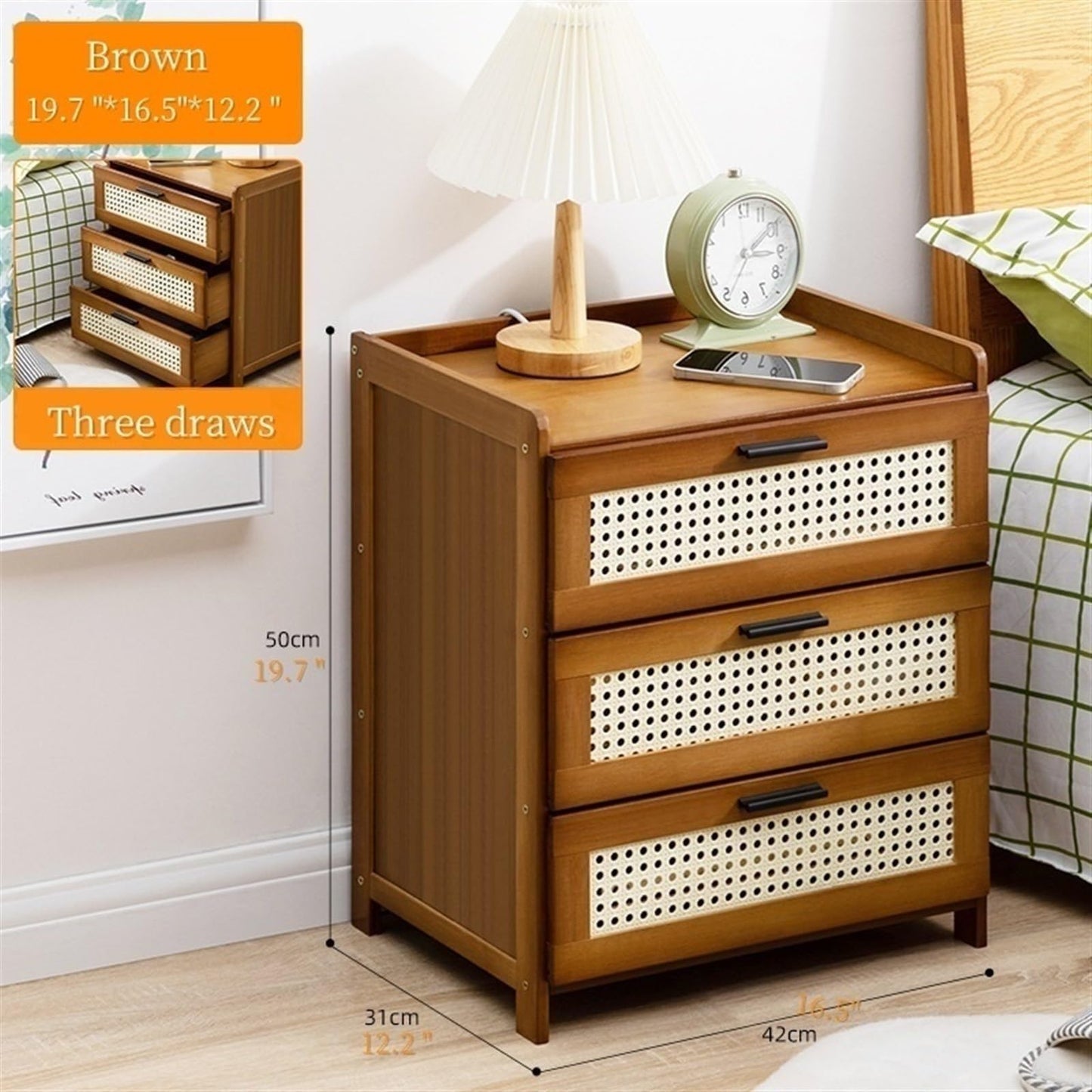 Boho Nightstand, End Table for Bedroom,Rattan Nightstand End Table,3Drawers Storage Ideal for Living Room and Small Space (Brown) ，Ideal Choice for Room(Brown)