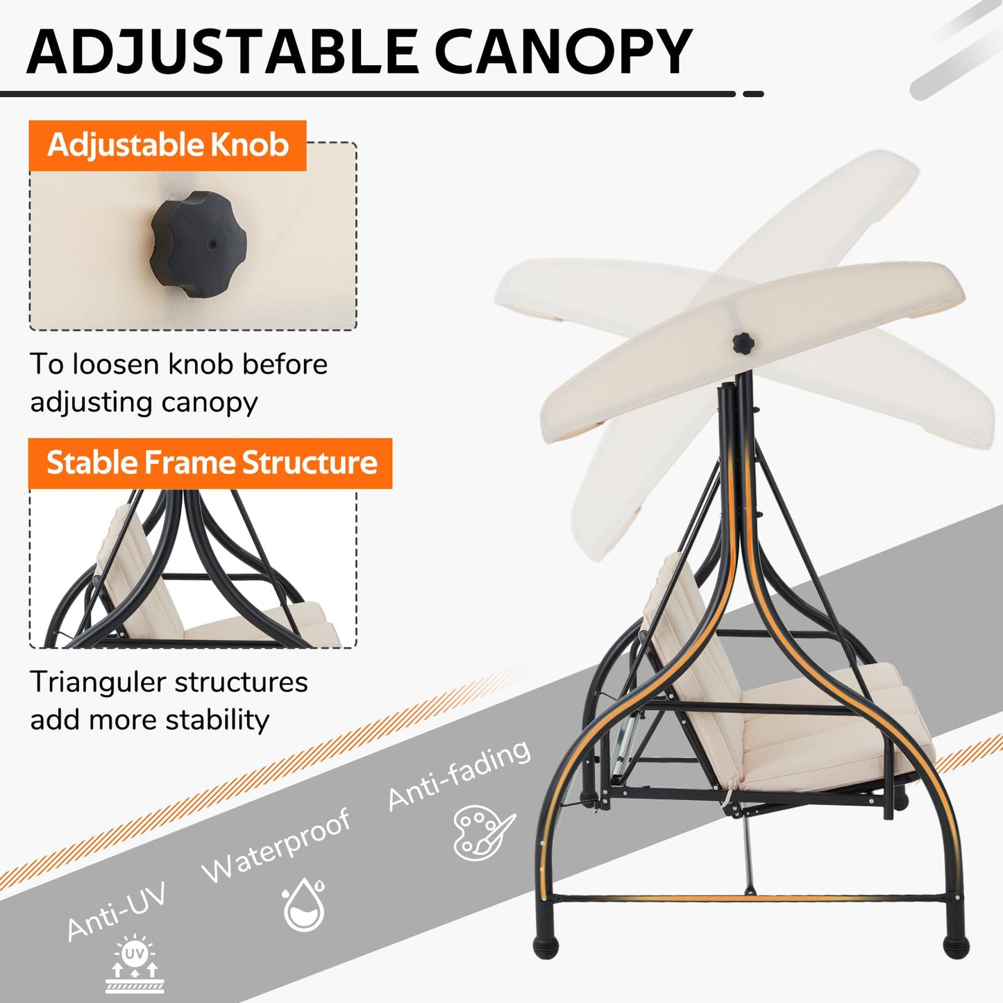 U-MAX Porch Swing Chair with Adjustable Backrest&Canopy, 3 Seat Patio Swing with Canopy 2-in-1 Convertible Outdoor Swing with Canopy Patio Daybed with Removable Beige Cushions for Adults