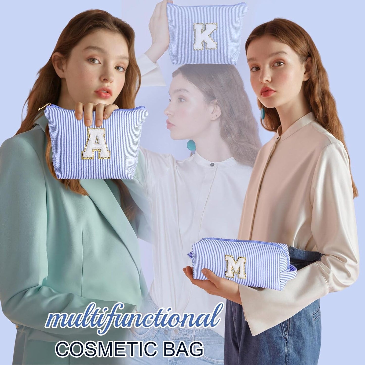 YOOLIFE Personalized Gifts for Women, Initial Makeup Bag with Makeup Pouch Cosmetics Organizer Bag Cute Makeup Bag Wedding Mothers Day Gifts Wedding Gifts for Sister Wife Friend Female Mom Blue N