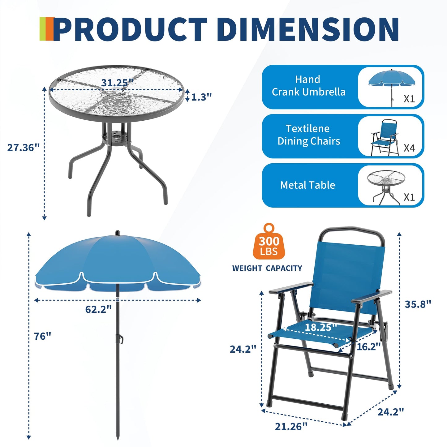 Patio Dining Set for 4 With Umbrella, Outdoor Furniture Set With 4 Folding Dining Chairs, Outdoor Table Umbrella Set With Tempered Glass Top Dinings Table