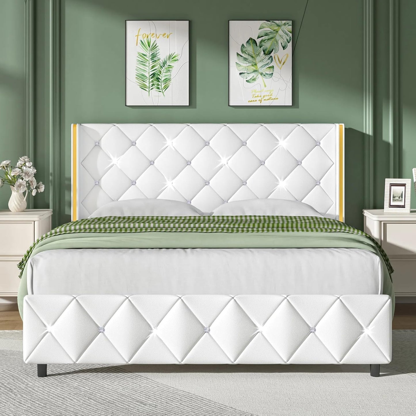 Full Upholstered Bed Frame with Headboard, Faux Leather Platform Bed with Wingback Design, Modern Diamond Bed Frame with Tufted Deep Button, No Box Spring Needed, Easy Assembly, White