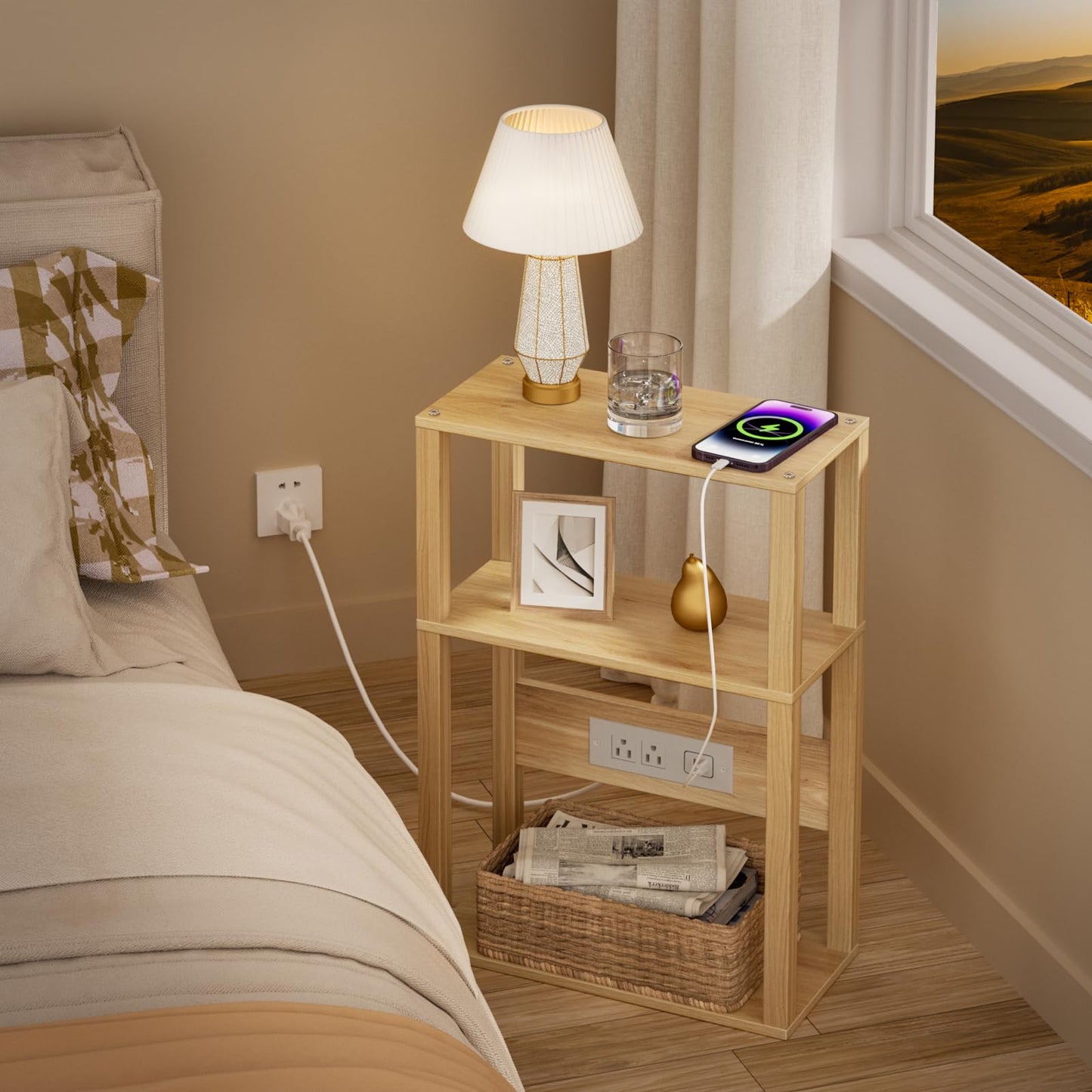 3-Tier Small Narrow Bamboo Side Table with Charging Station, Skinny Nightstand for Small Space, Slim Bedside Table with Storage for Couch, Wooden Thin End Table with USB Ports and Outlets, Natural
