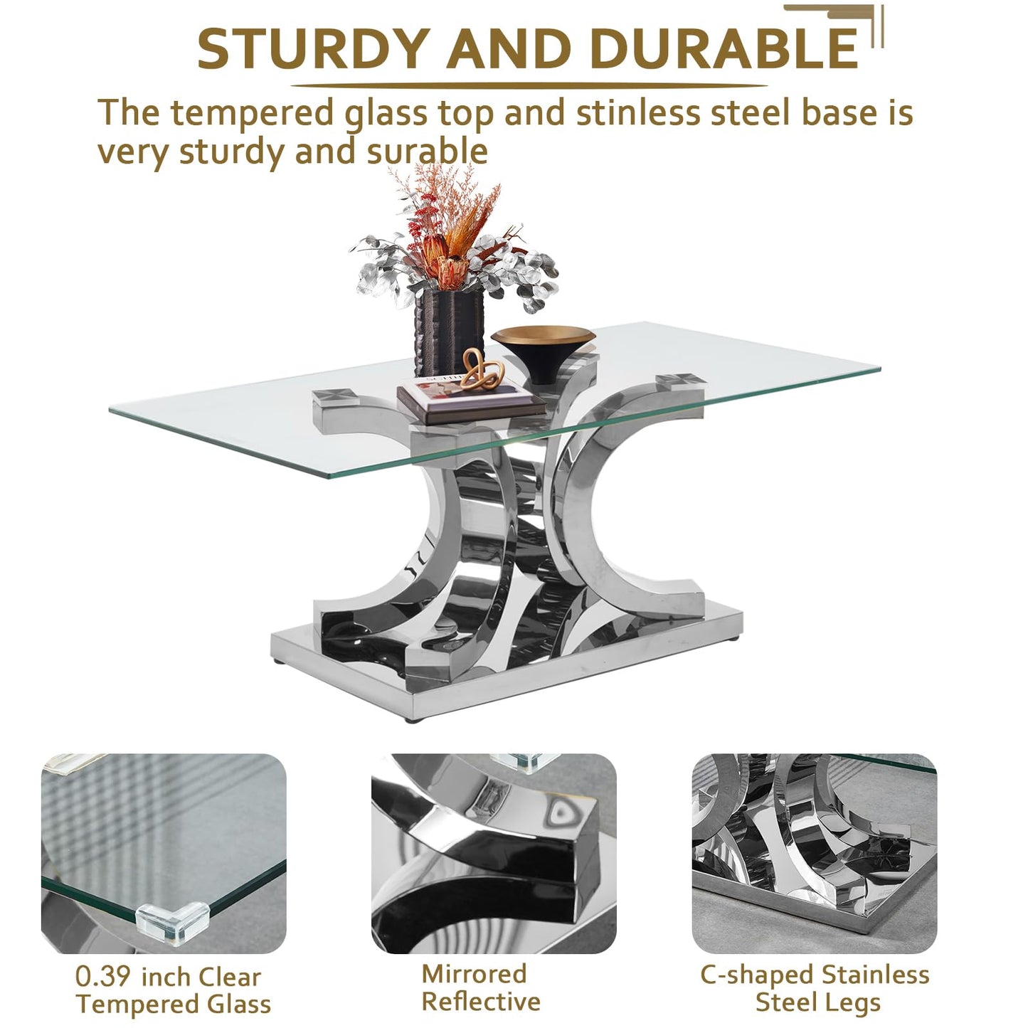 KUVADAZ 2 Pieces Living Room Table Set, Glass Coffee Table Set of 2, Modern Coffee Table and End Table with C-Shaped Stainless Steel Base for Living Room (Silver)