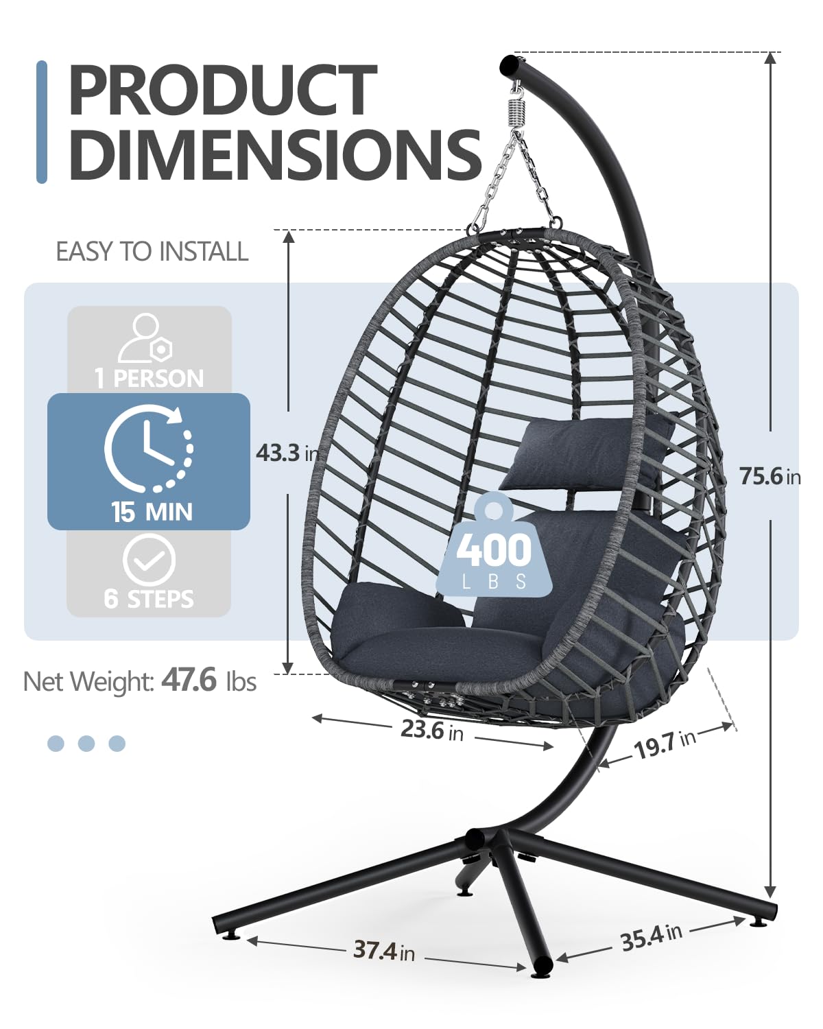 SWITTE Egg Swing Chair with Stand, Outdoor Patio Hanging Egg Chair, Indoor Hammock Chair with Cushion for Garden Backyard, 350LBS Capacity-Dark Grey