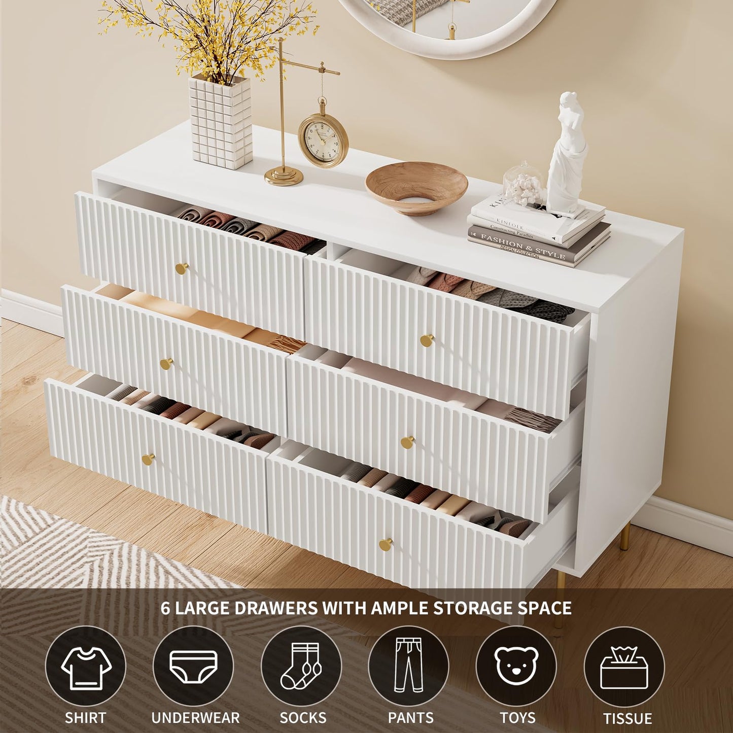 MAISONARIA 6 Drawer Double Dresser for Bedroom, White Dresser with Gold Handles, White 6 Drawer with Fluted Panels for Bedroom