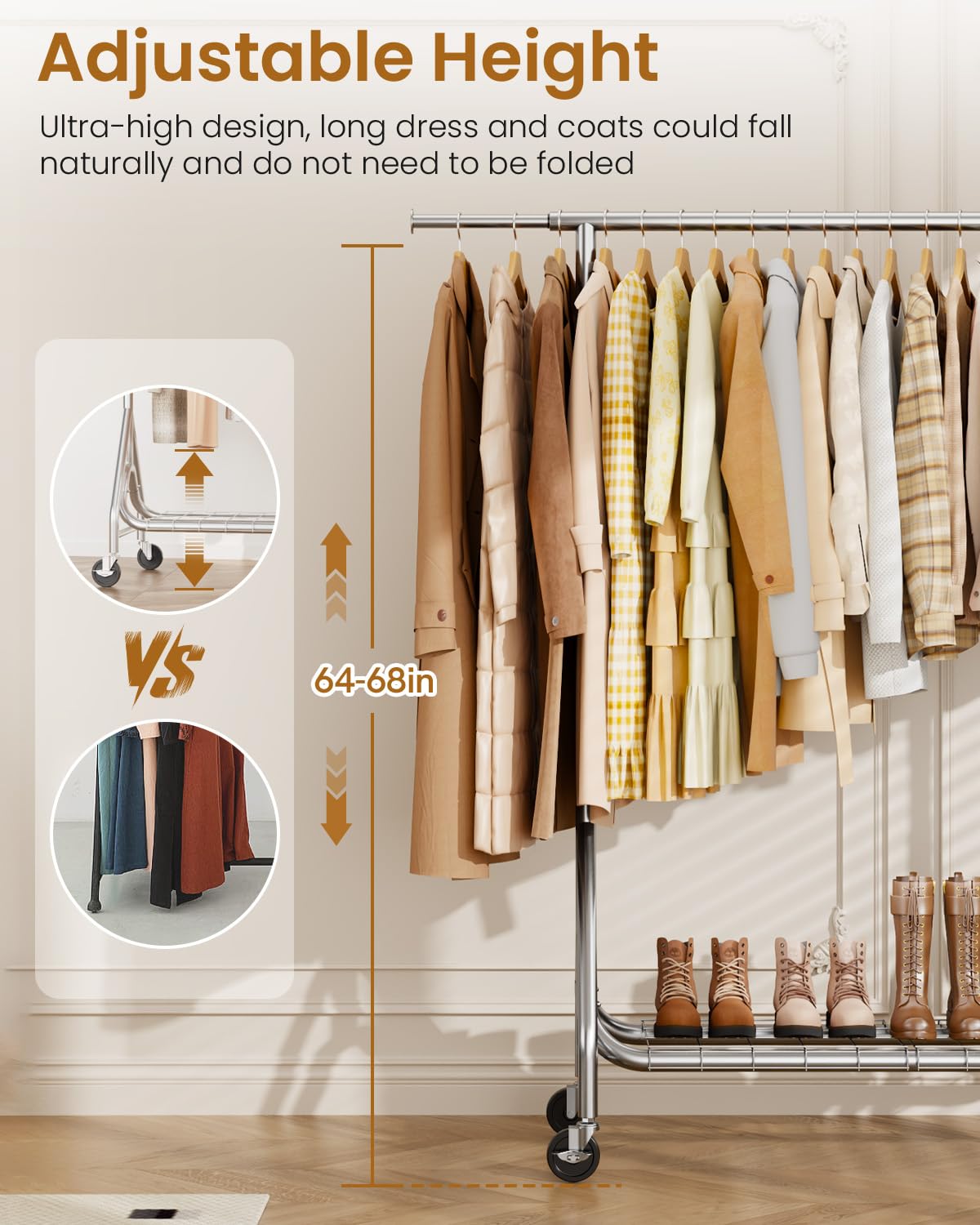 JIEJIERUI Heavy Duty Clothing Rack, Metal Clothes Rack Load 450 LBS, Rolling Coat Racks for Hanging Clothes with Lockable Wheels, Wardrobe Closet Garment Racks for Bedroom, Silver