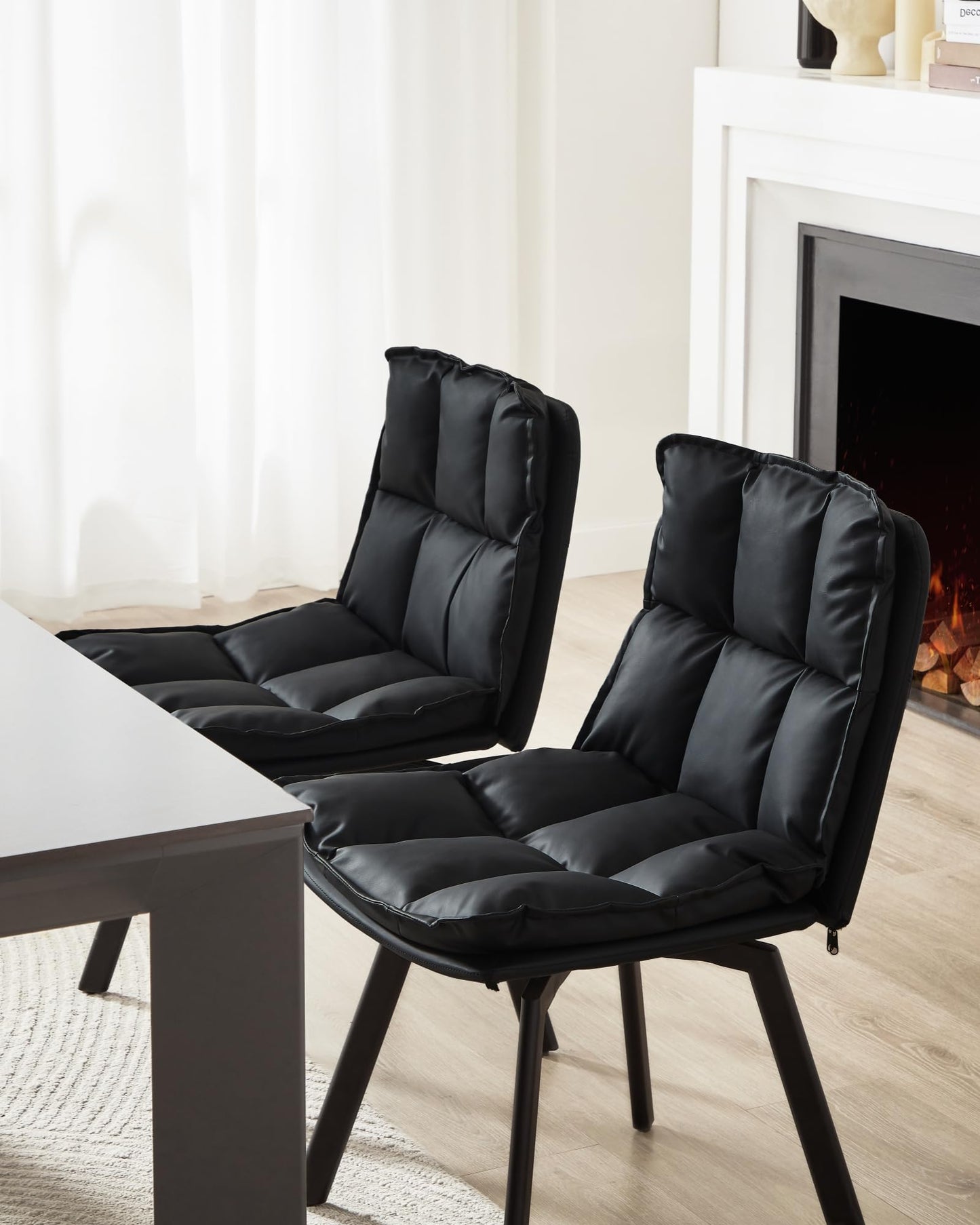 BedsPick Swivel Dining Chair Set of 2 - Faux Leather Upholstered Kitchen Chair, Mid Century Modern Dining Room Chair with Rotating Seats and Metal Legs (Black)