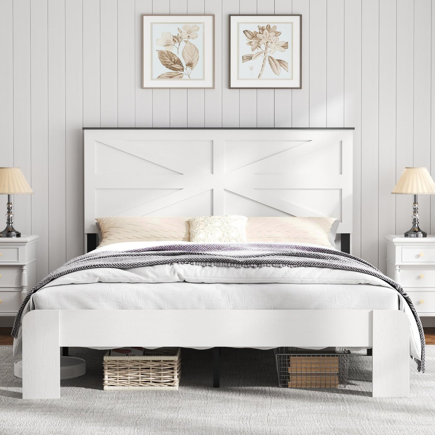 SAMTRA Wooden Bed Frame Queen Size with Headboard, Farmhouse Platform Bedframe with Wood Slat Support, Sturdy Framework Bed Frame, Easy Assembly (Rustic White)