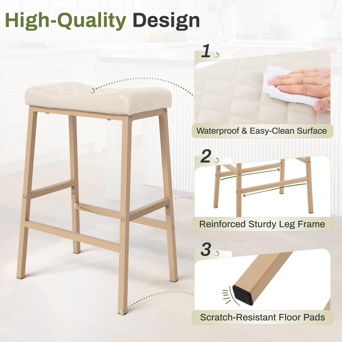 Compsia Counter Height Bar Stools Set of 3, Barstools with Thick PU Leather Saddle Seat & Sand Metal Legs,24Inch Kitchen Counter Stools,Lvory White