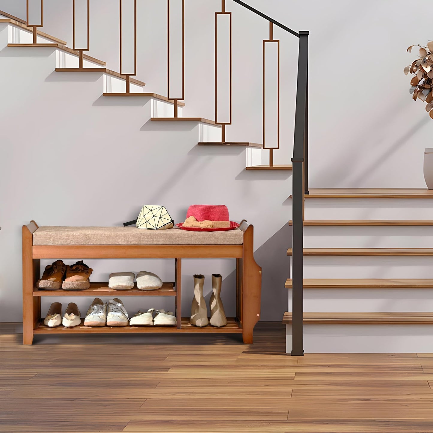 DOUSY Shoe Storage Bench for Entryway, Bamboo Entryway Bench with Hidden Drawer and Side Brackets,2-Tier Shoe Rack Organizer for Entryway, Hallway,Bedroom and Bathroom