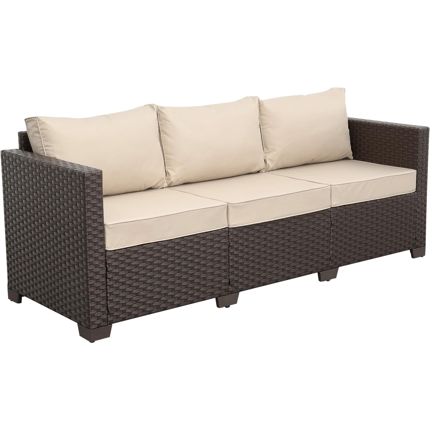 Rattaner Patio Furniture 3-seat Sofa Wicker Outdoor Furniture Outdoor Couch Deep Seat Hight Backrest Waterproof Cover Anti-Slip Cushions, Khaki