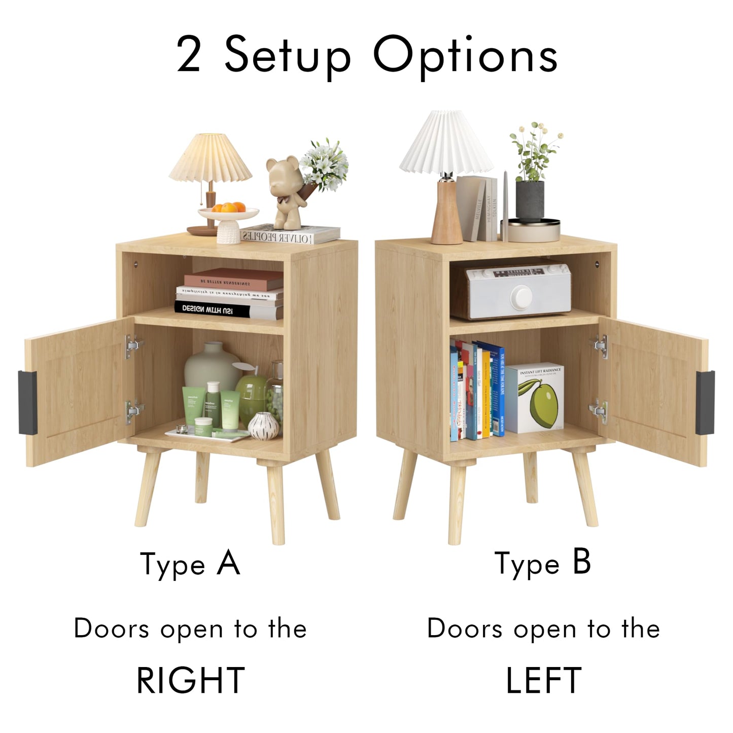 SweetGO corporation Rattan Nightstand, Side Table with Door Open Shelf, Accent Bedside End Table with Solid Wood Legs for Bedroom, Dorm and Small Spaces