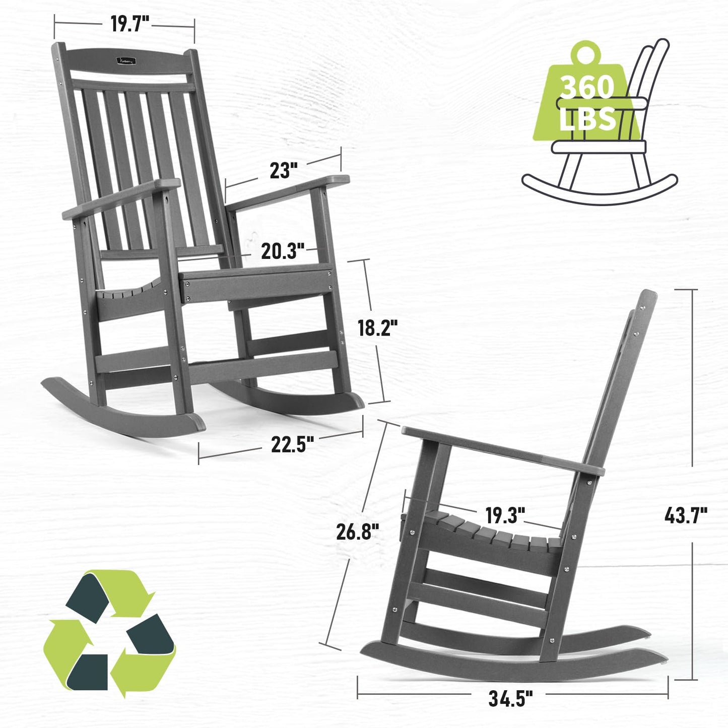FUNBERRY Outdoor Rocking Chairs, HDPE All Weather Poly Lumber Rocker, High Back Patio Rockers Easy Assembly
