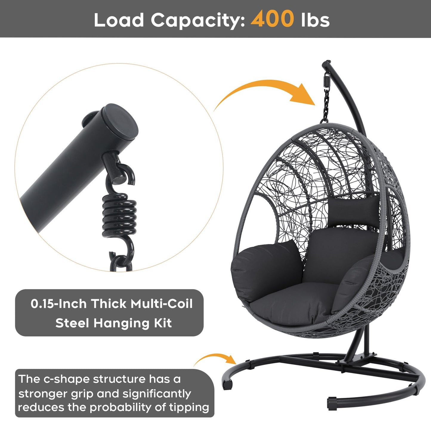 Terravoy Hanging Egg Chair with Stand, Outdoor Swing Egg Chair with Rain Cover, 400 LBS Capacity All-Weather PE Wicker Swing Chair with Waterproof Cushions (Grey, Nest)