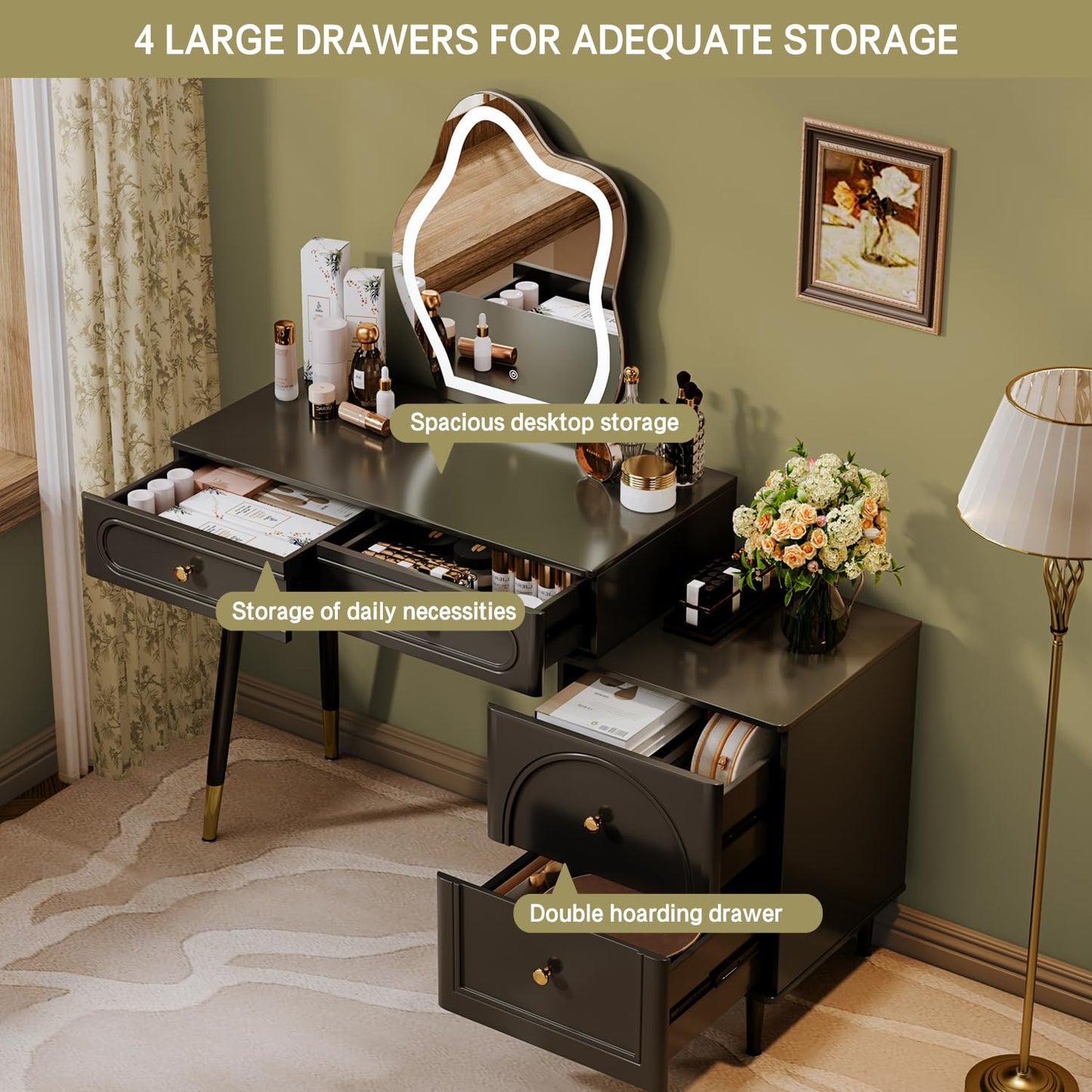 Chrangmay 31.5" White Stylish Corner Makeup Vanity Table,with Lighted Mirror and 4 Spacious Drawers,Bedroom Essential Dressing Table with Nightstand,Modern Minimalist Writing Desk for Girls,Black