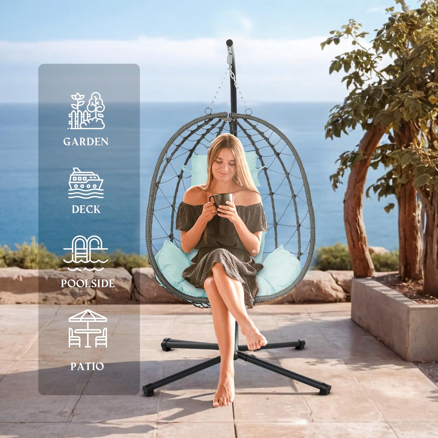 Hanging Egg Chair with Stand Egg Chair Indoor Outdoor, Patio Swing Hammock Egg Chairs, UV Resistant Removable & Washable Thicken Padded Cushions, 350LBS Capacity for Bedroom, Balcony, Garden, Blue