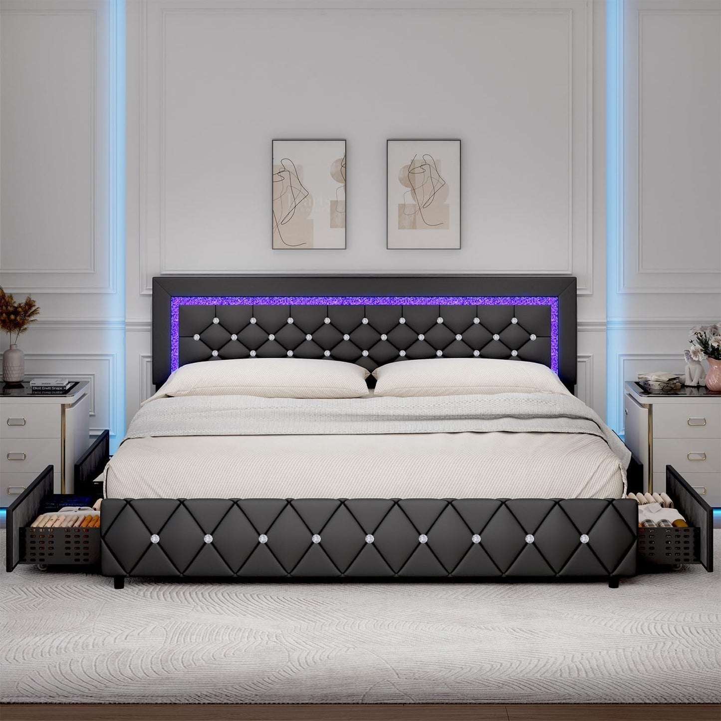 King Size Bed Frame with LED Lights and Storage Drawers, Upholstered Platform Bed with Crystal Tufted Headboard, Wooden Slats Support, No Box Spring Needed, Easy Assembly, Black